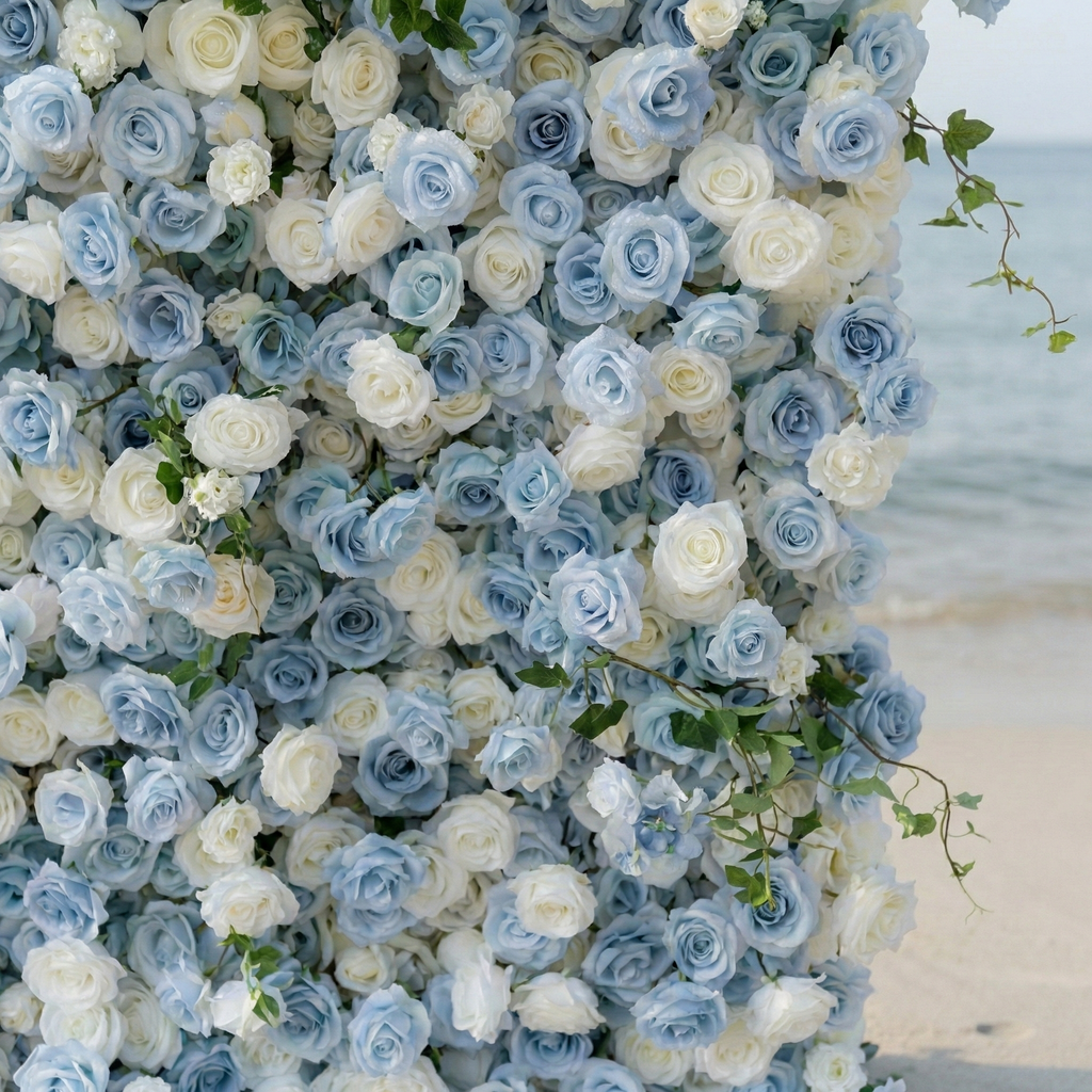 Sapphira: Luxury 5D Serene Blue & Cream Silk Floral Wall Roll-Up Fabric Backdrop for Seaside Weddings & Events Free Shipping