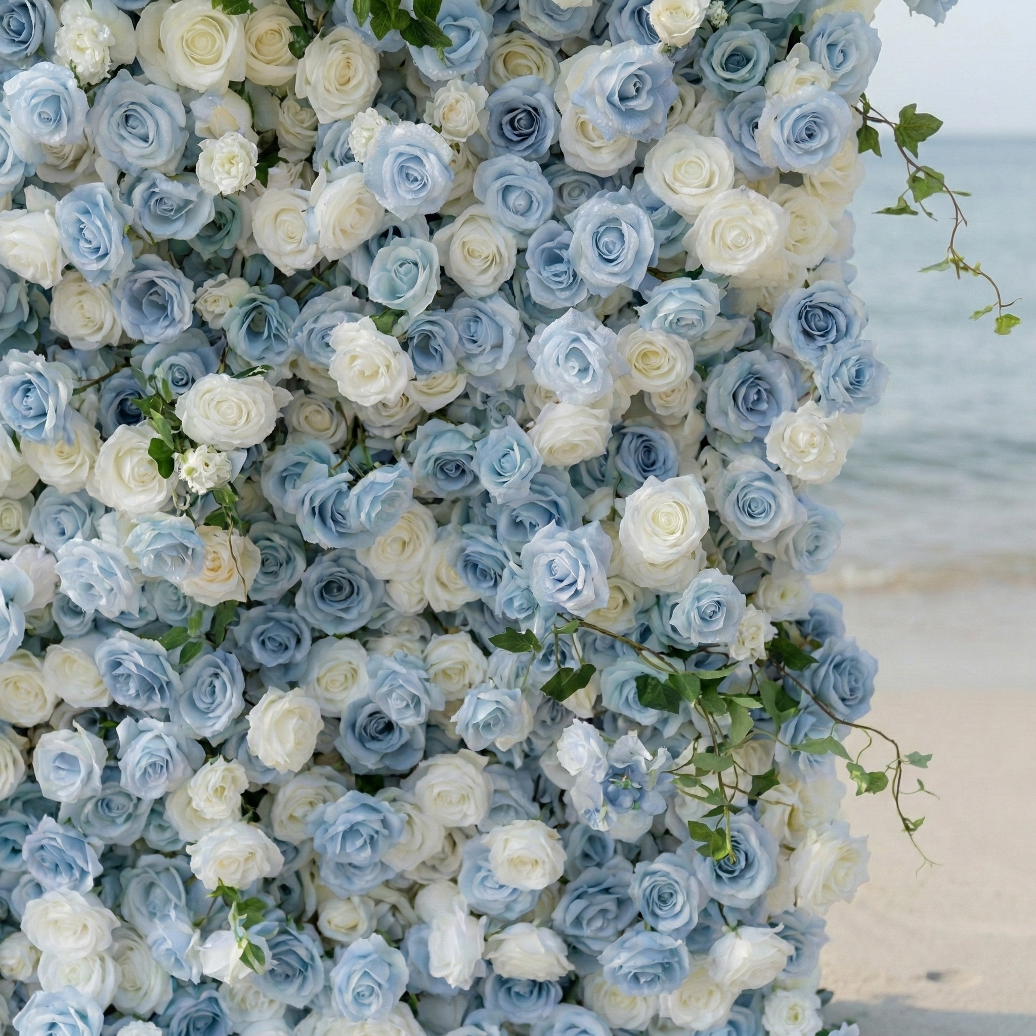 Sapphira: Luxury 5D Serene Blue & Cream Silk Floral Wall Roll-Up Fabric Backdrop for Seaside Weddings & Events Free Shipping