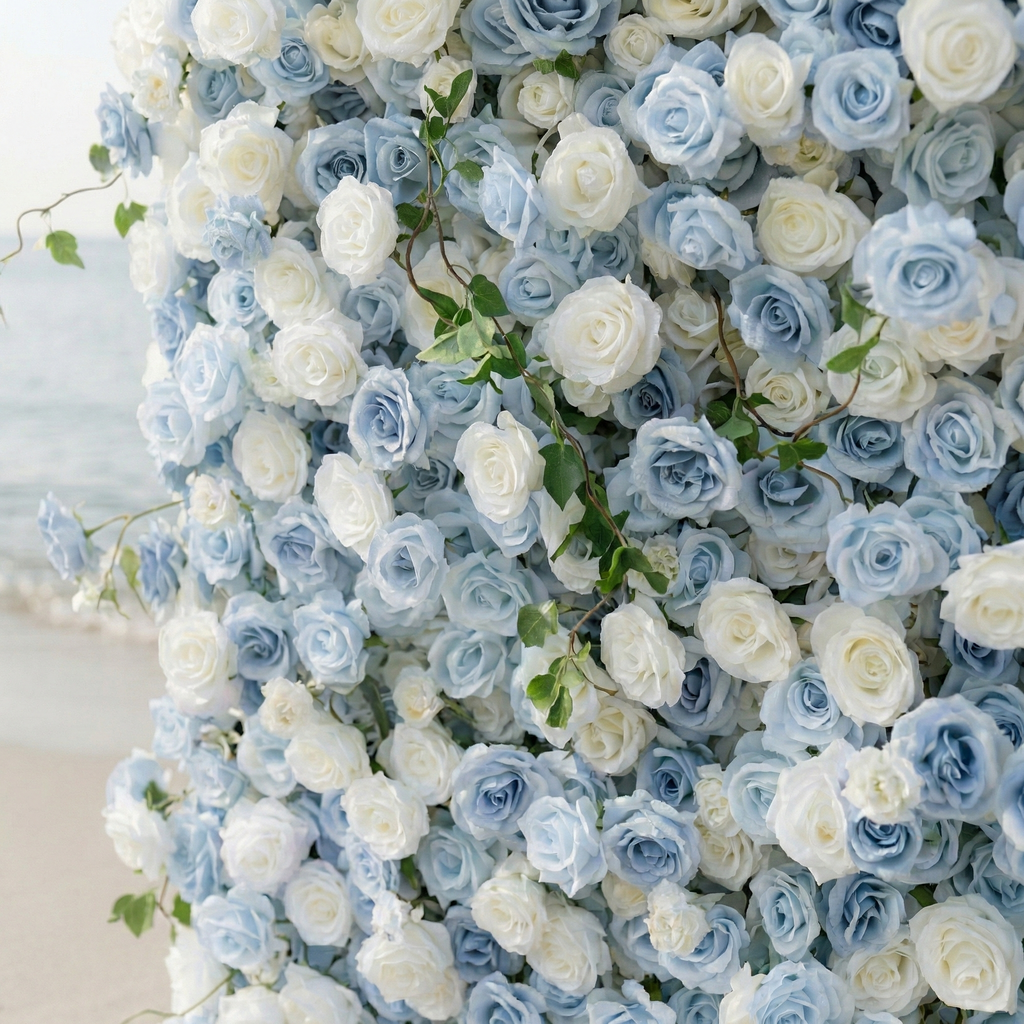 Sapphira: Luxury 5D Serene Blue & Cream Silk Floral Wall Roll-Up Fabric Backdrop for Seaside Weddings & Events Free Shipping
