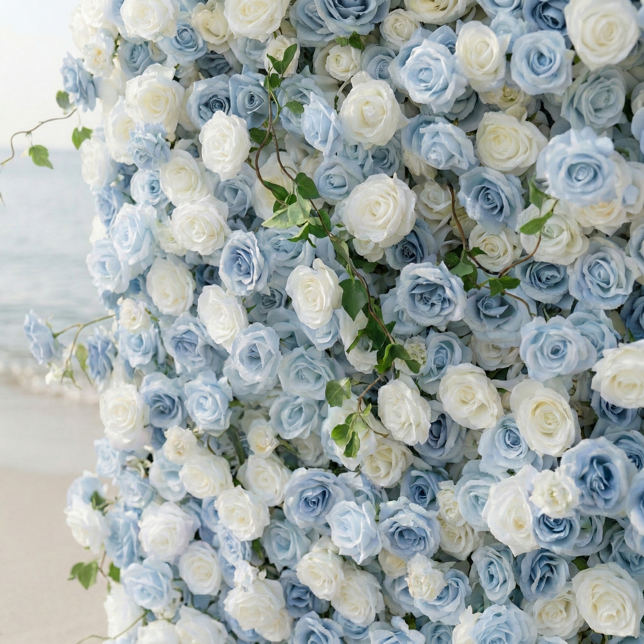 Sapphira: Luxury 5D Serene Blue & Cream Silk Floral Wall Roll-Up Fabric Backdrop for Seaside Weddings & Events Free Shipping