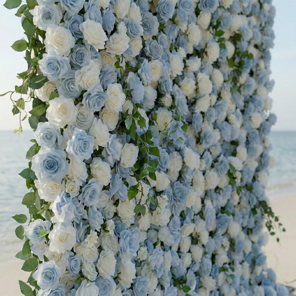 Sapphira: Luxury 5D Serene Blue & Cream Silk Floral Wall Roll-Up Fabric Backdrop for Seaside Weddings & Events Free Shipping