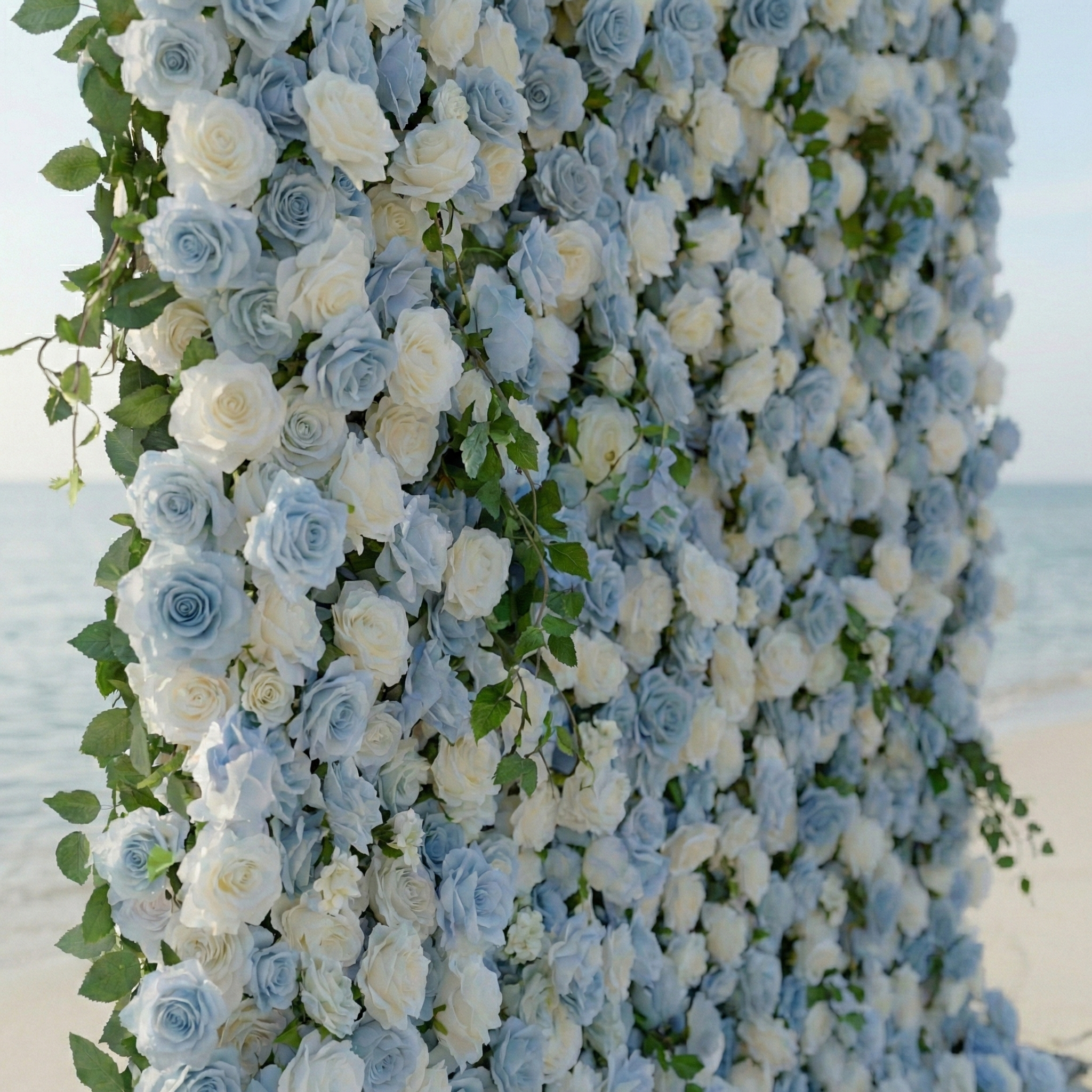 Sapphira: Luxury 5D Serene Blue & Cream Silk Floral Wall Roll-Up Fabric Backdrop for Seaside Weddings & Events Free Shipping