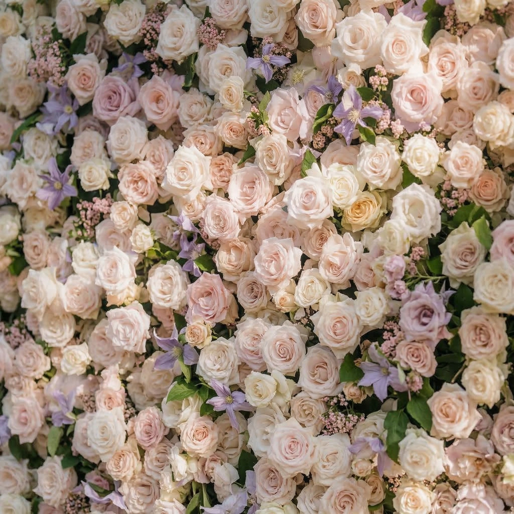 Selira: 5D Creamy Blush and Soft Lilac Silk Rose Flower Wall Roll-Up Fabric Backdrop for Elegant Events & Parties Free Shipping