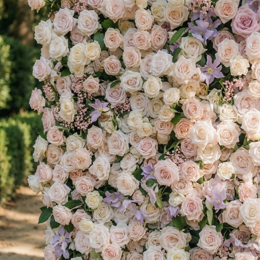 Selira: 5D Creamy Blush and Soft Lilac Silk Rose Flower Wall Roll-Up Fabric Backdrop for Elegant Events & Parties Free Shipping