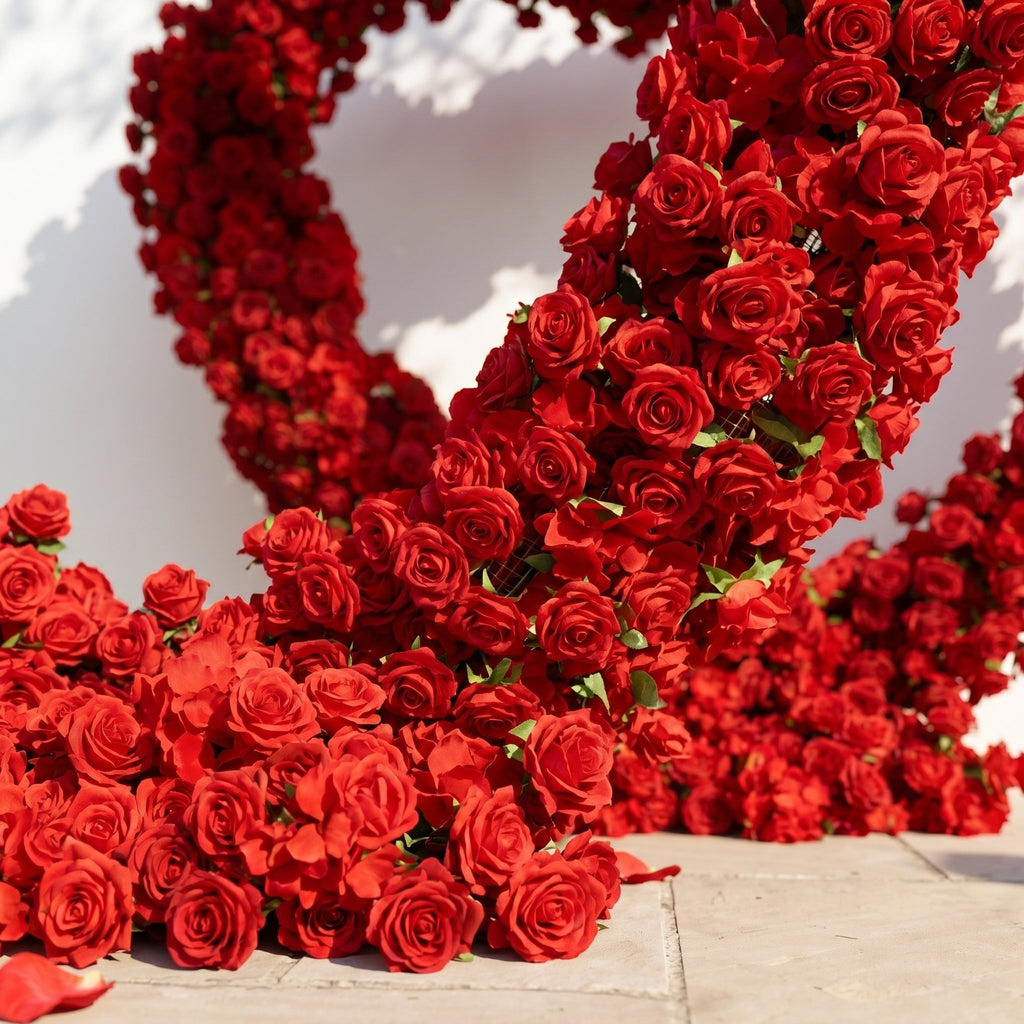 Selorae: Double Heart-Shaped Red Silk Rose Flower Arch Floral Arrangement for Minimalist Weddings