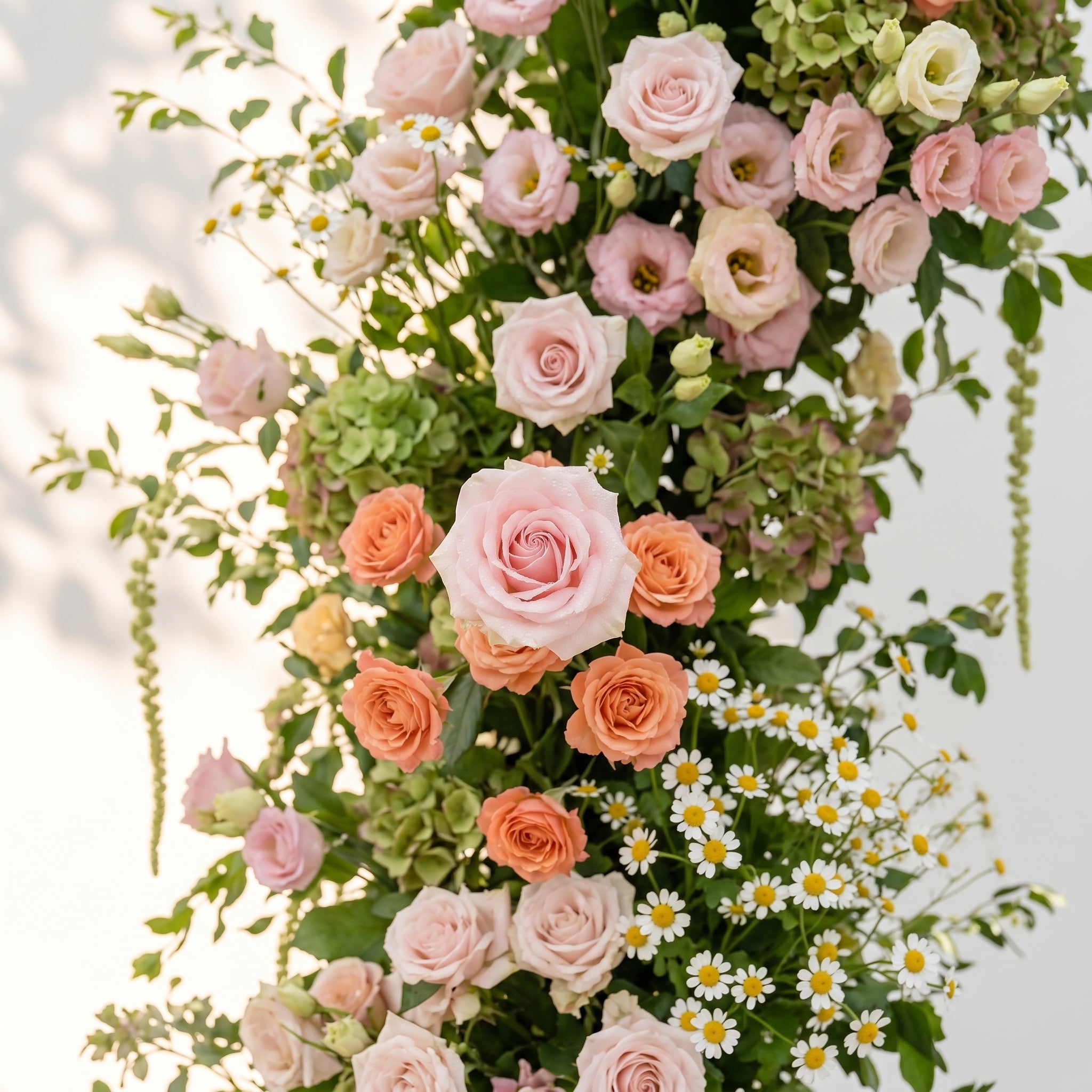 Seriva: Luxury Peach Orange, Blush Pink & Ivory White Silk Floral Ground Horn Arch Arrangement with Soft Yellow Wild Daisy & Lush Cascading Amaranthus Greenery for Romantic Minimalist Weddings & Garden Event Decor Including Frame
