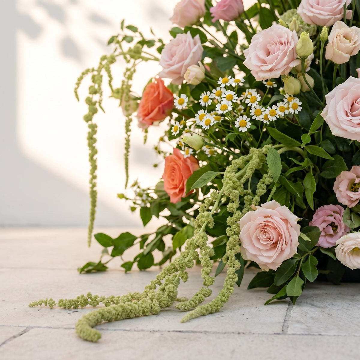 Seriva: Luxury Peach Orange, Blush Pink & Ivory White Silk Floral Ground Horn Arch Arrangement with Soft Yellow Wild Daisy & Lush Cascading Amaranthus Greenery for Romantic Minimalist Weddings & Garden Event Decor Including Frame