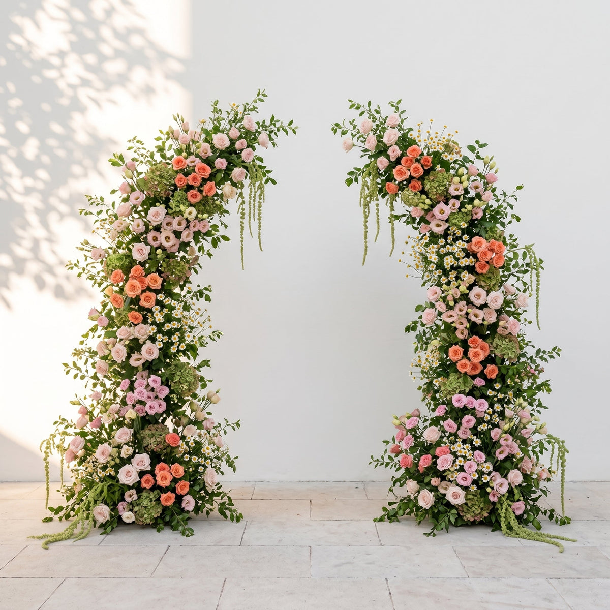 Seriva: Luxury Peach Orange, Blush Pink & Ivory White Silk Floral Ground Horn Arch Arrangement with Soft Yellow Wild Daisy & Lush Cascading Amaranthus Greenery for Romantic Minimalist Weddings & Garden Event Decor Including Frame