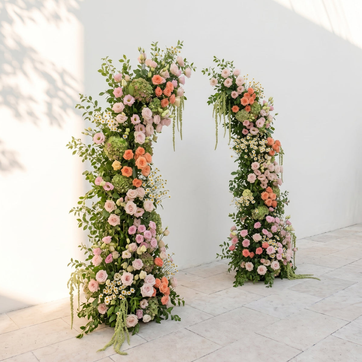 Seriva: Luxury Peach Orange, Blush Pink & Ivory White Silk Floral Ground Horn Arch Arrangement with Soft Yellow Wild Daisy & Lush Cascading Amaranthus Greenery for Romantic Minimalist Weddings & Garden Event Decor Including Frame