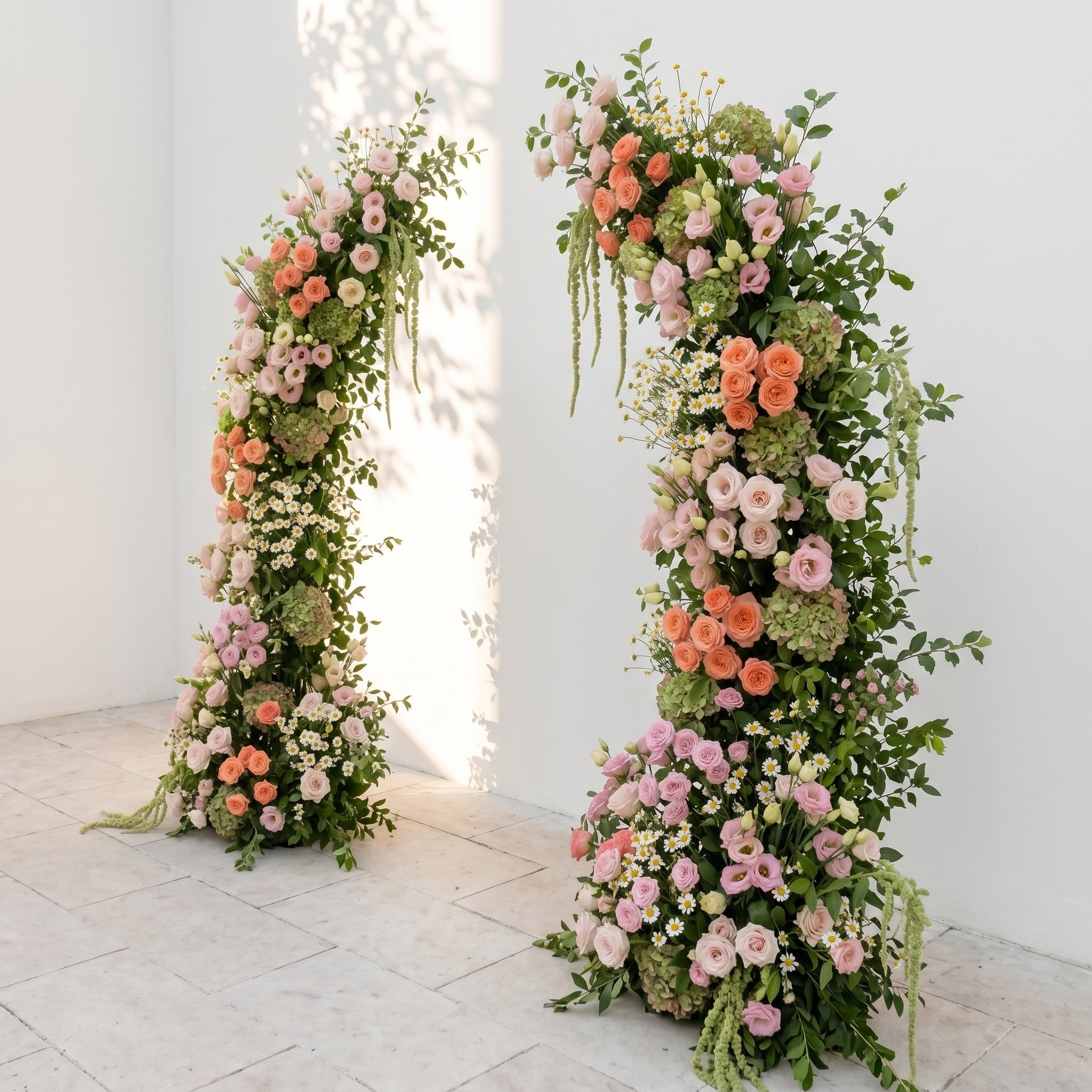 Seriva: Luxury Peach Orange, Blush Pink & Ivory White Silk Floral Ground Horn Arch Arrangement with Soft Yellow Wild Daisy & Lush Cascading Amaranthus Greenery for Romantic Minimalist Weddings & Garden Event Decor Including Frame