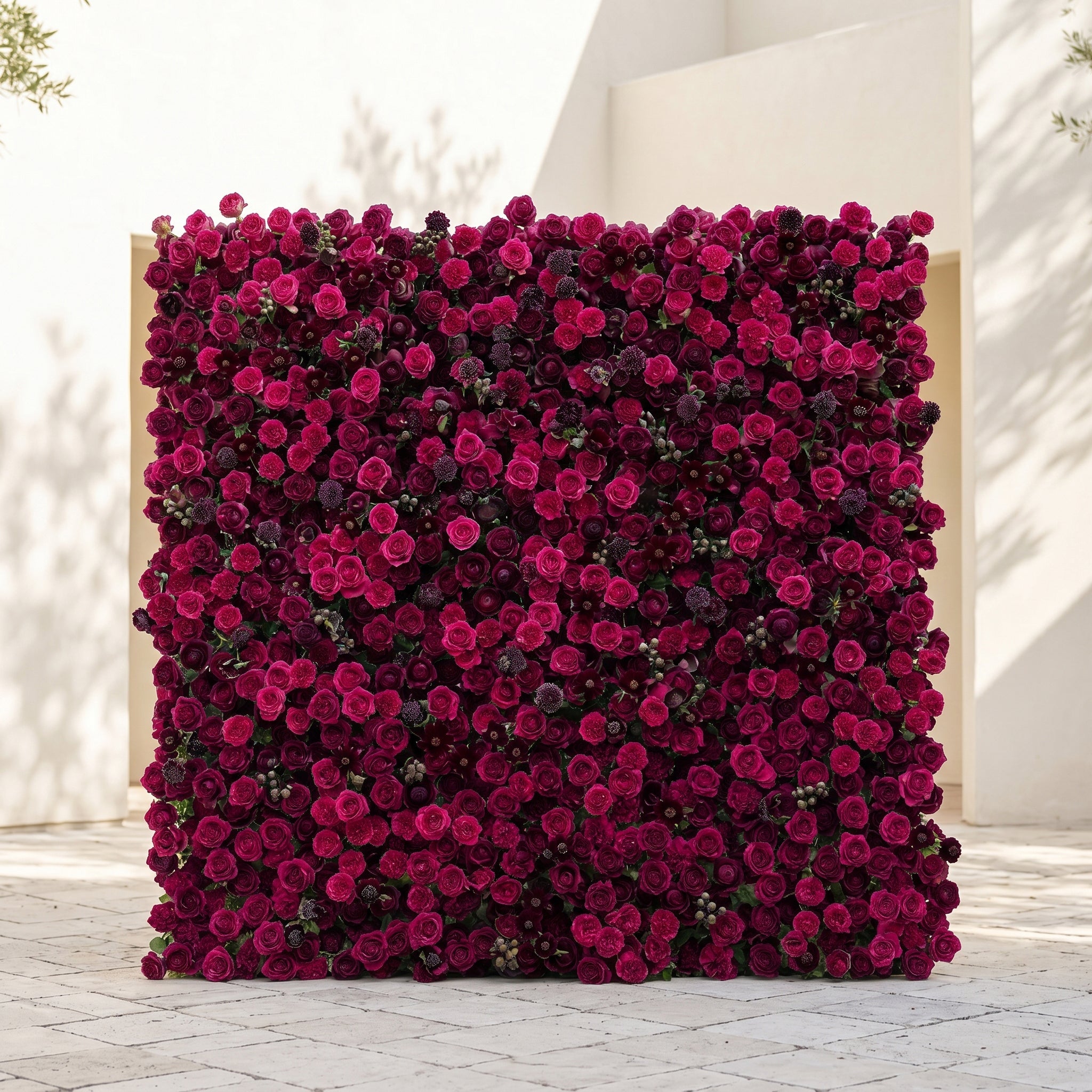 Soliva: Luxury 4D Deep Berry & Magenta Silk Floral Wall Backdrop for Sophisticated Moody Weddings & Galas Free Shipping