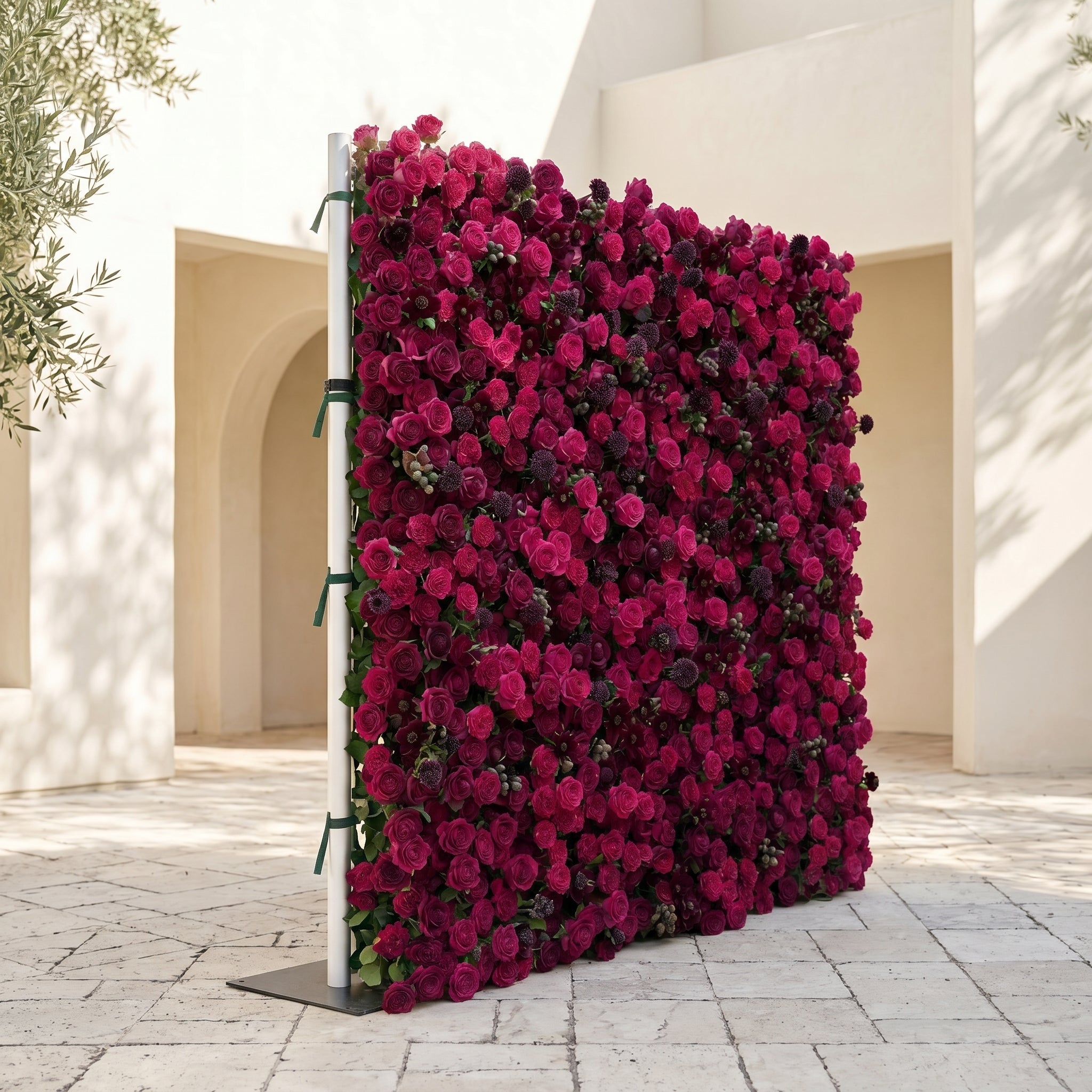 Soliva: Luxury 4D Deep Berry & Magenta Silk Floral Wall Backdrop for Sophisticated Moody Weddings & Galas Free Shipping