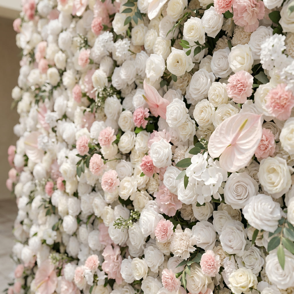 Sorelmora:5D Blush Pink & Ivory White Silk Rose Flower Wall Roll-Up Fabric Backdrop for Romantic Weddings & Proposals Free Shipping