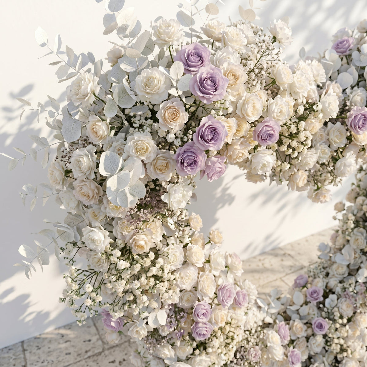 Talyana: Heart-Shaped Lavender Purple and Ivory White Silk Rose Flower Arch Floral Arrangement for Minimalist Weddings