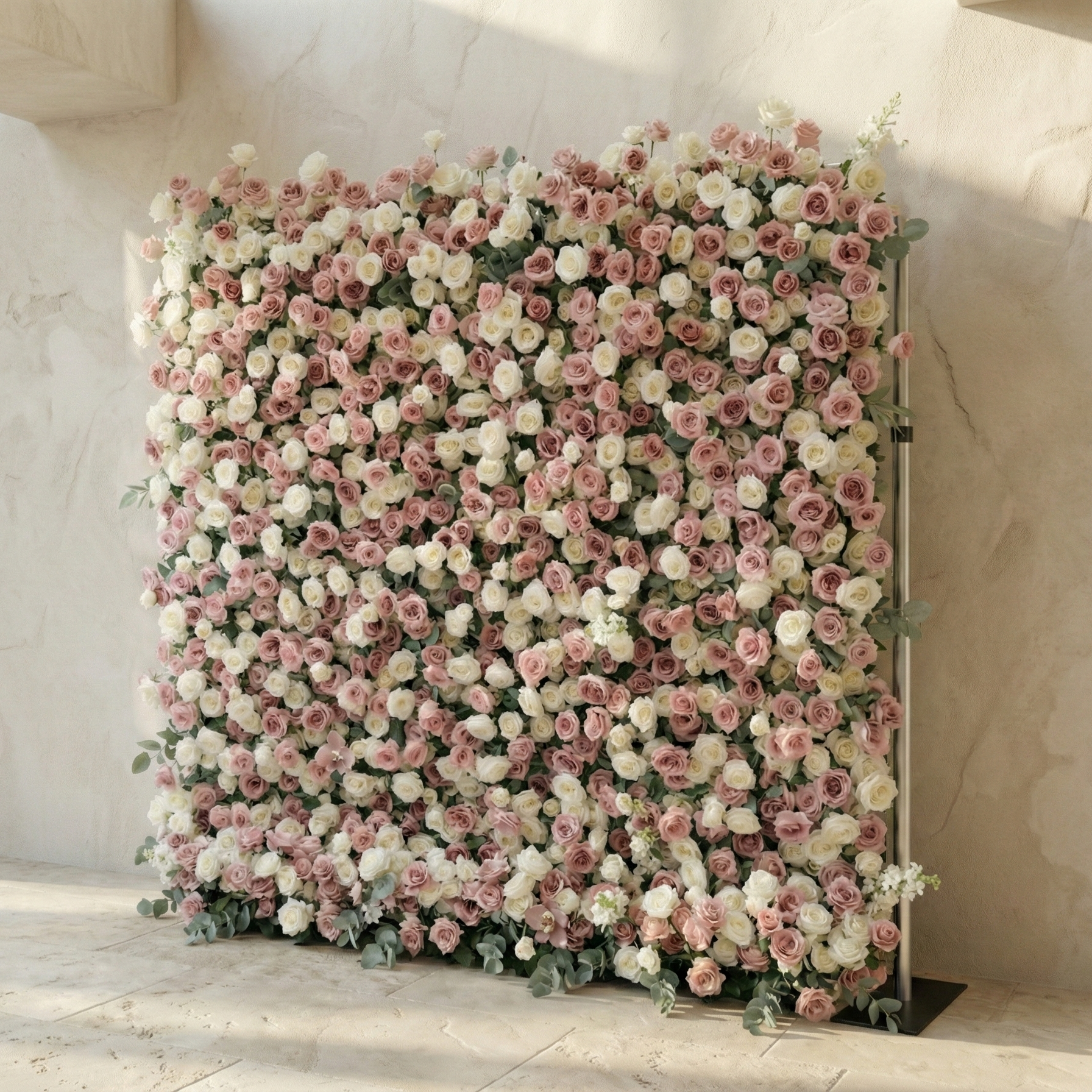 Thaliah: 5D Elegant Dusty Rose & Cream Silk Rose Flower Wall Roll-Up Fabric Backdrop for Luxury Weddings & Events Free Shipping
