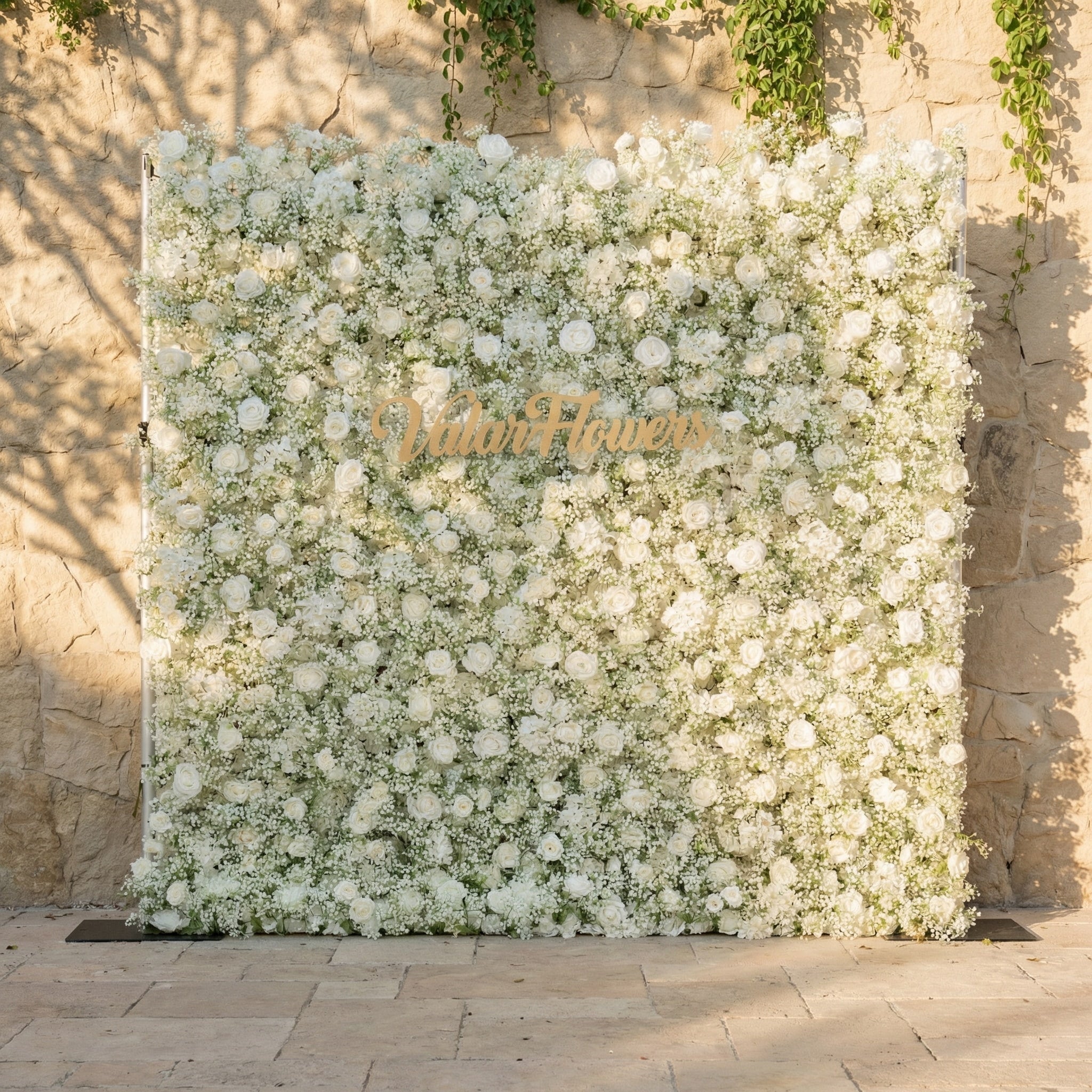 Artificial Floral Wall Backdrop: Serene Meadows Artificial Floral Wall Backdrop: White Rose & Baby's Breath Edition | VF-268-2