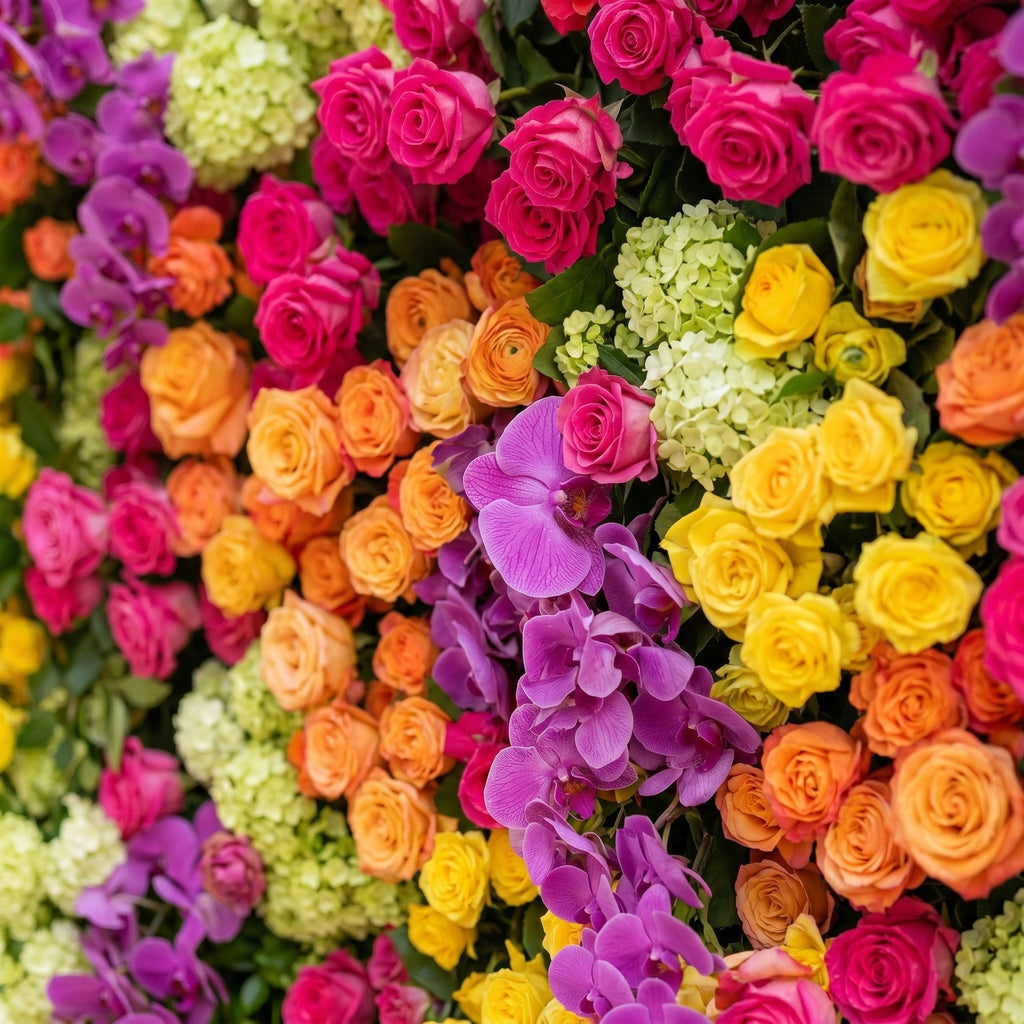 Valnella:5D Rainbow Tropical Mixed Bright Tone Silk Rose Flower Wall Roll-Up Fabric Backdrop for Romantic Weddings & Proposals Free Shipping