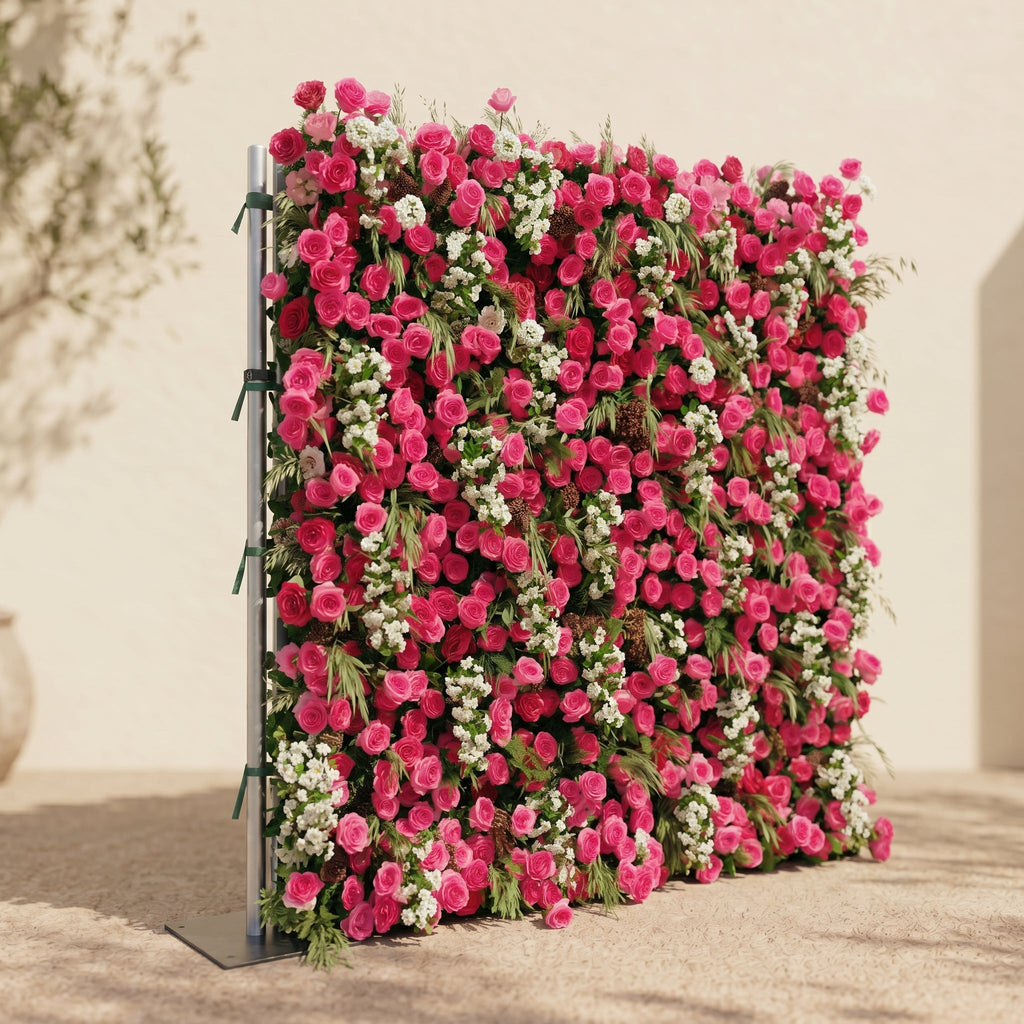 Velsora:5D Hot Pink & Ivory White Silk Rose Flower Wall Roll-Up Fabric Backdrop for Romantic Weddings & Proposals Free Shipping