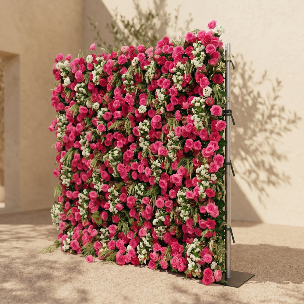 Velsora:5D Hot Pink & Ivory White Silk Rose Flower Wall Roll-Up Fabric Backdrop for Romantic Weddings & Proposals Free Shipping