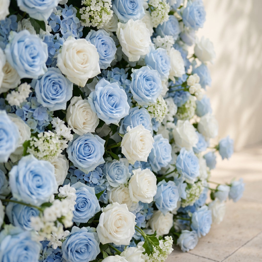 Vasper:5D Dusty Baby Blue & Ivory White Silk Rose Flower Wall Roll-Up Fabric Backdrop for Romantic Weddings & Proposals Free Shipping