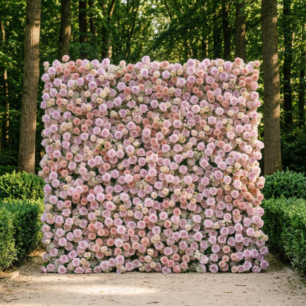 Yavelle: 5D Soft Pink & Light Lavender Silk Rose Flower Wall Roll-Up Fabric Backdrop for Elegant Weddings Free Shipping