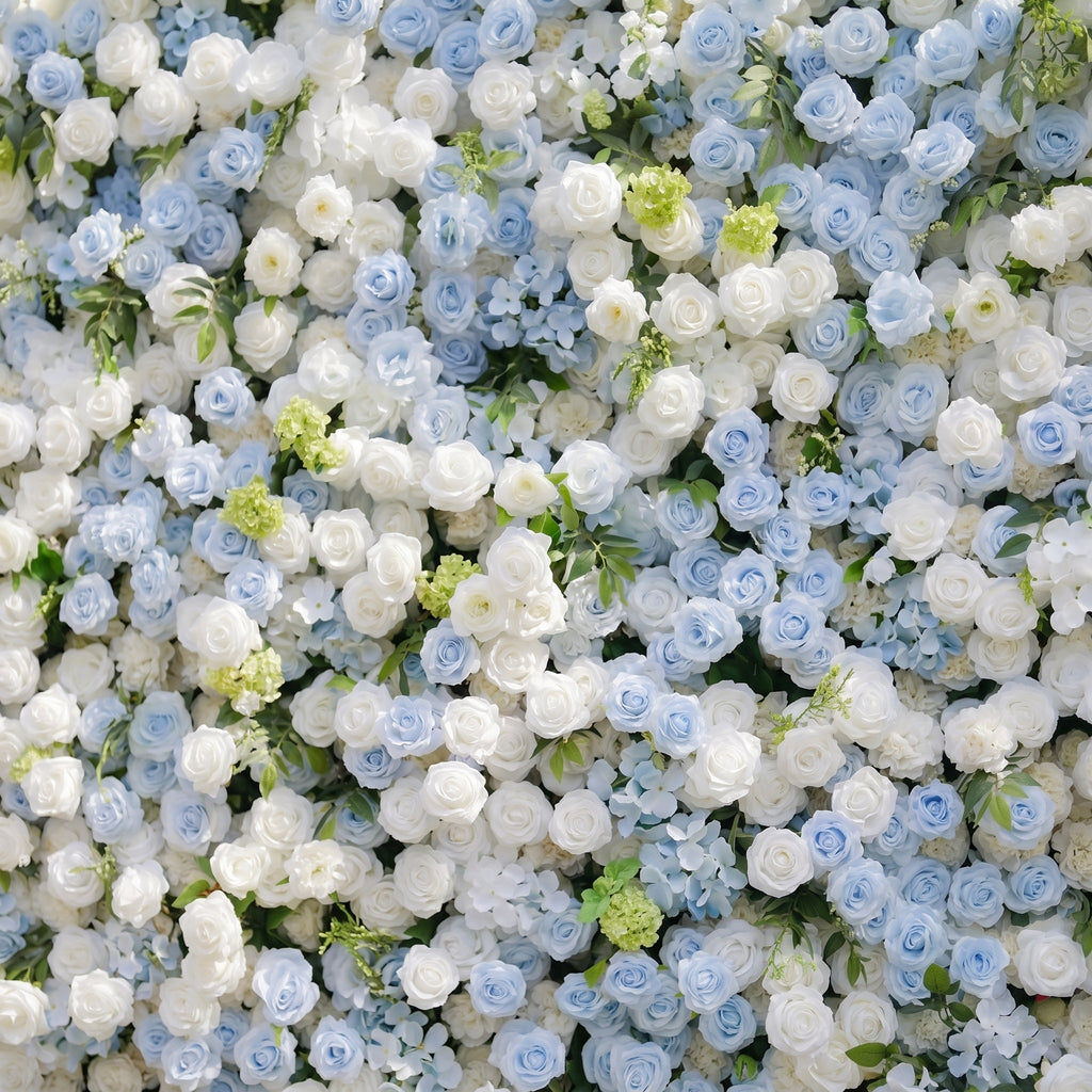 Zarenette:5D Dusty Baby Blue & Ivory White Silk Rose Flower Wall Roll-Up Fabric Backdrop for Romantic Weddings & Proposals Free Shipping