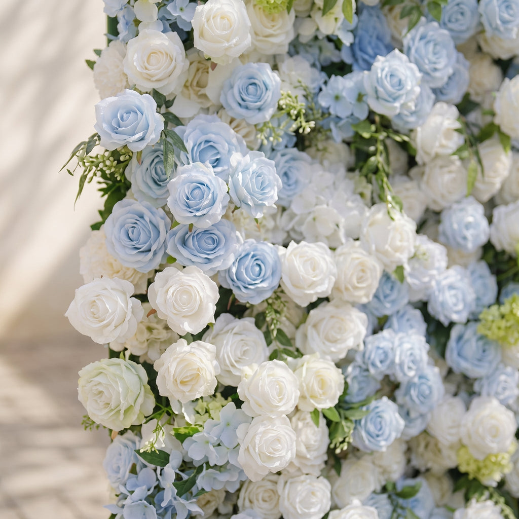 Zarenette:5D Dusty Baby Blue & Ivory White Silk Rose Flower Wall Roll-Up Fabric Backdrop for Romantic Weddings & Proposals Free Shipping
