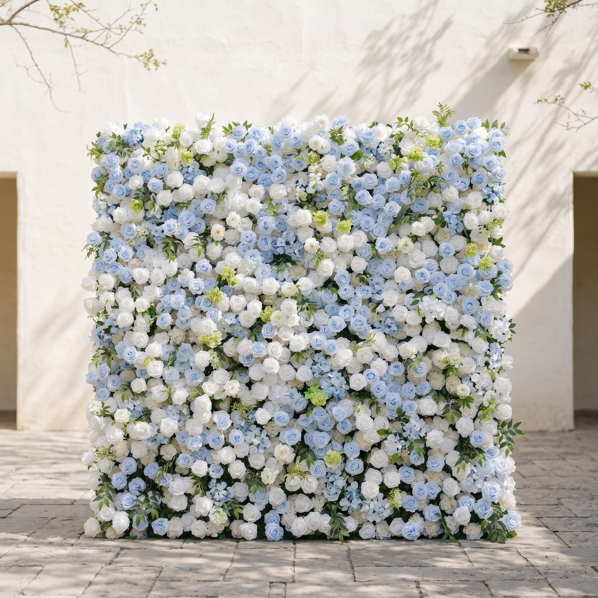 Zarenette:5D Dusty Baby Blue & Ivory White Silk Rose Flower Wall Roll-Up Fabric Backdrop for Romantic Weddings & Proposals Free Shipping