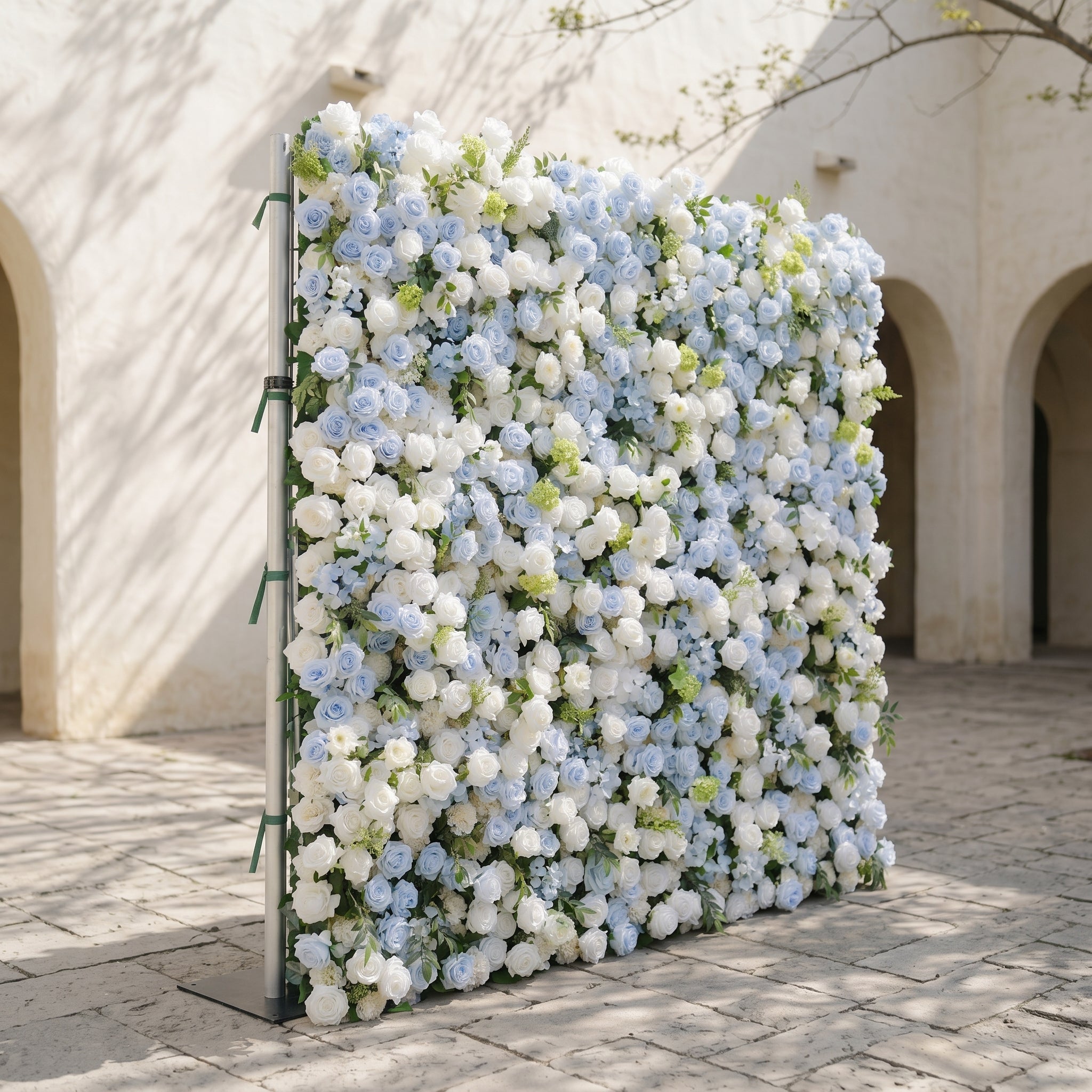 Zarenette:5D Dusty Baby Blue & Ivory White Silk Rose Flower Wall Roll-Up Fabric Backdrop for Romantic Weddings & Proposals Free Shipping