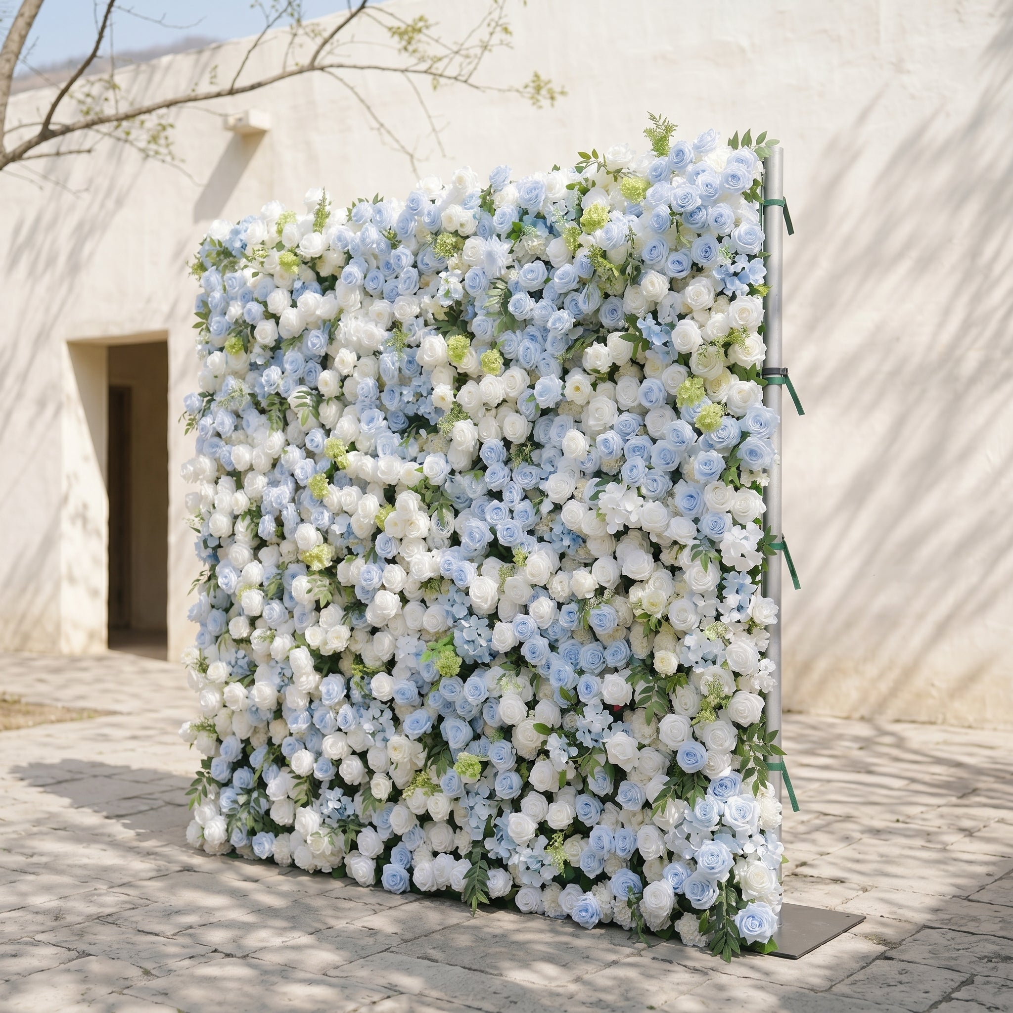Zarenette:5D Dusty Baby Blue & Ivory White Silk Rose Flower Wall Roll-Up Fabric Backdrop for Romantic Weddings & Proposals Free Shipping
