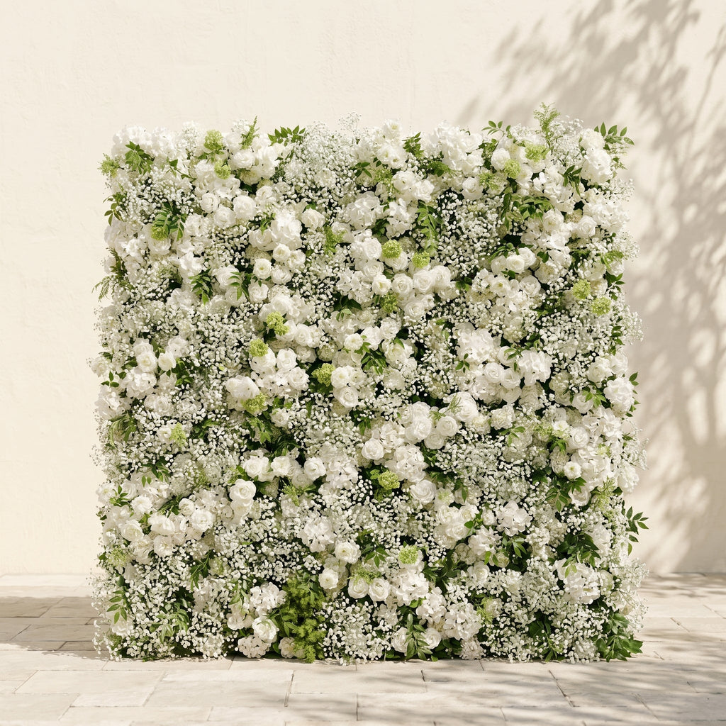 Zarensira:5D Luxury Ivory White Silk Rose, Baby Breath & Lush Greenery Flower Wall Roll-Up Fabric Backdrop for Romantic Minimalist Weddings, Bridal Showers & Proposal Event Decor Free Shipping