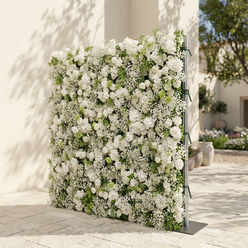Zarensira:5D Luxury Ivory White Silk Rose, Baby Breath & Lush Greenery Flower Wall Roll-Up Fabric Backdrop for Romantic Minimalist Weddings, Bridal Showers & Proposal Event Decor Free Shipping