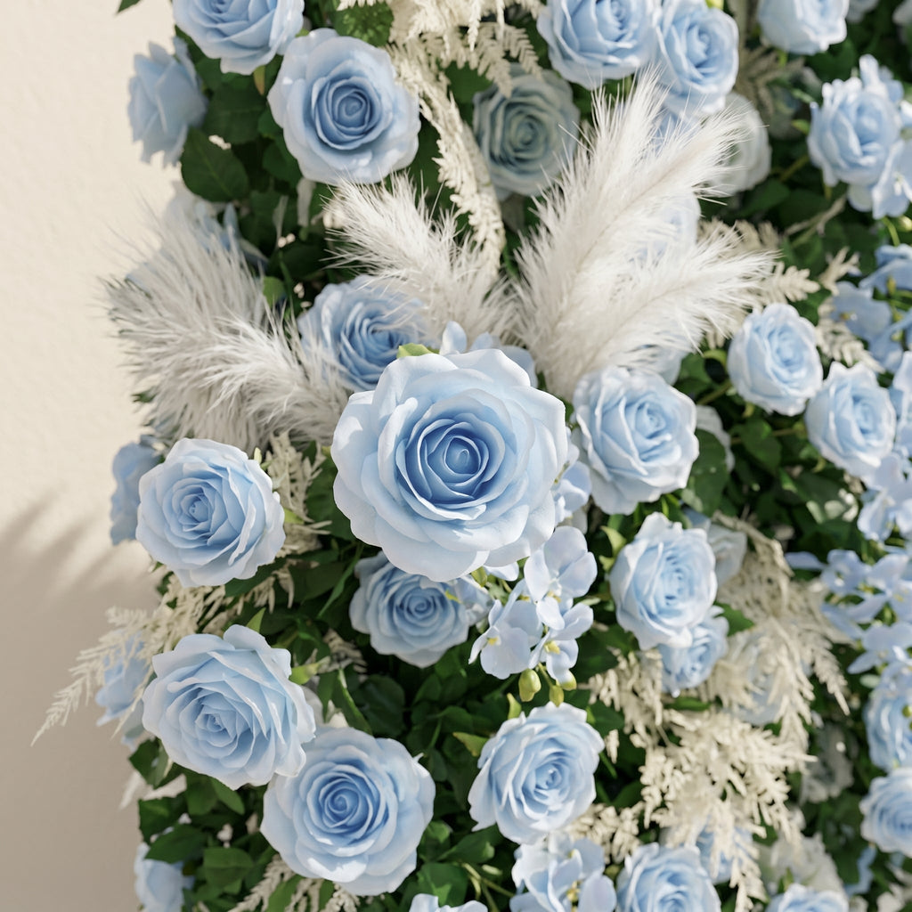 Zarenviane:Luxury 5D Dusty Blue Floral Wall with Greenery Roll-Up Backdrop for Serene Garden Weddings Free Shipping
