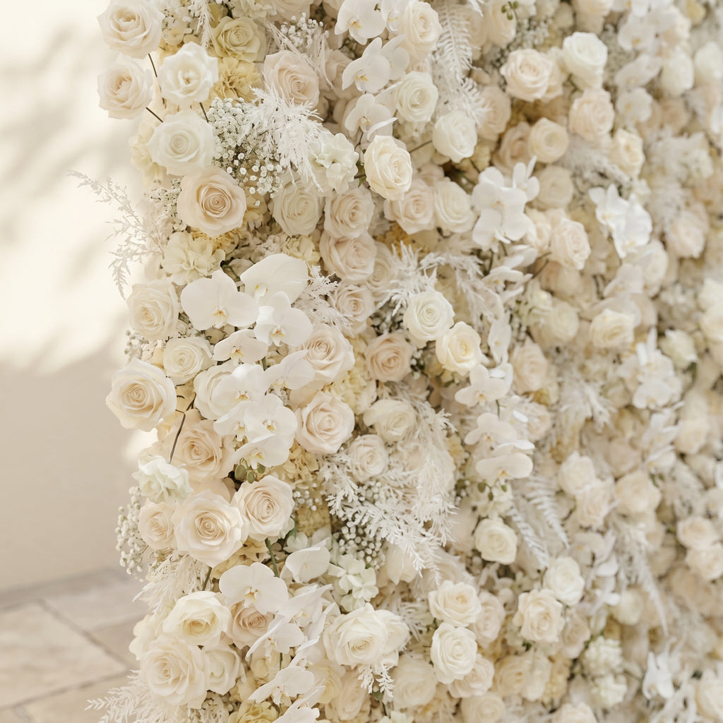 Zelaria:5D Cream White & Ivory White Silk Rose Flower Wall Roll-Up Fabric Backdrop for Romantic Weddings & Proposals Free Shipping