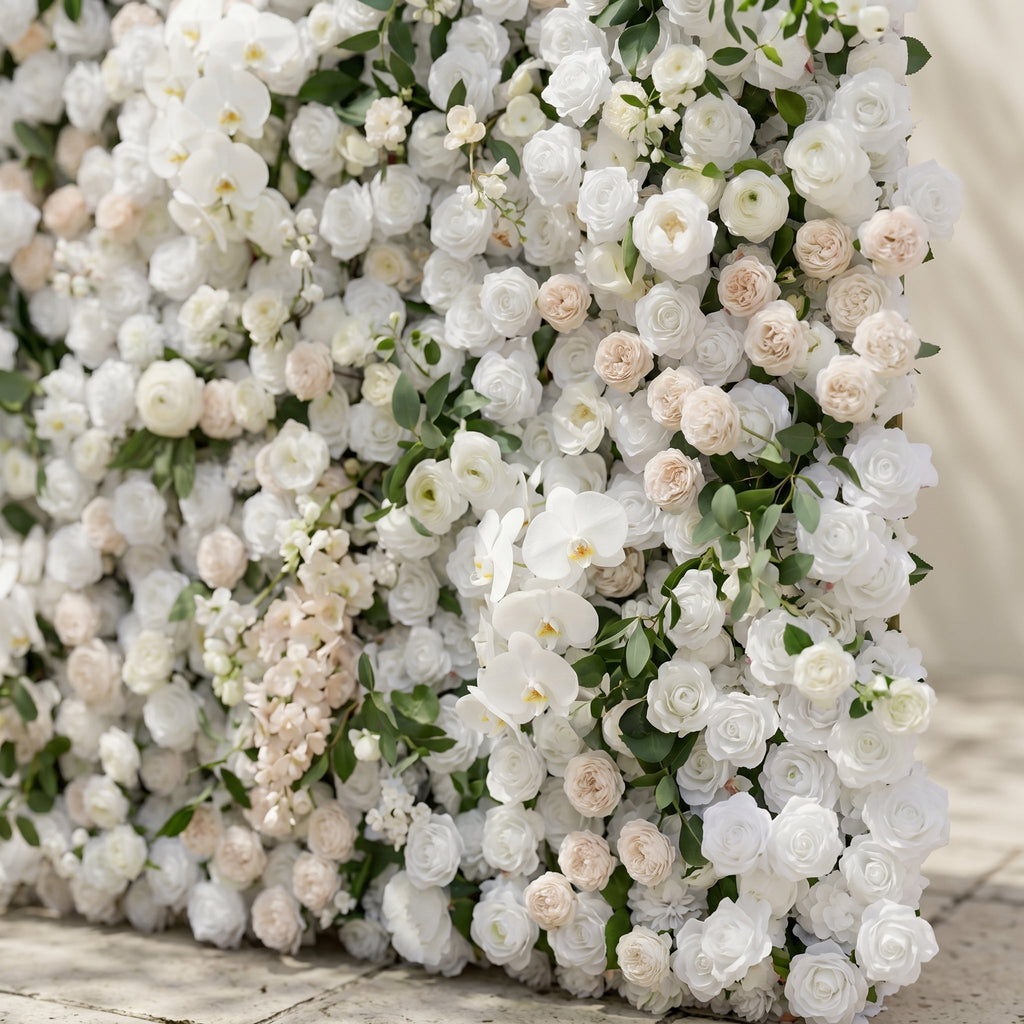 Zelloria:5D Ivory White & Cream White Silk Rose Flower Wall Roll-Up Fabric Backdrop for Romantic Weddings & Proposals Free Shipping