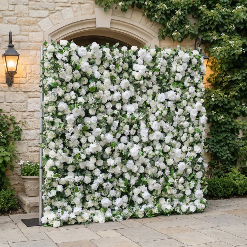 Zirel: 3D Timeless White Flower Wall with Greenery Roll-Up Fabric Backdrop for Luxury Events & Garden Wedding Decor Free Shipping