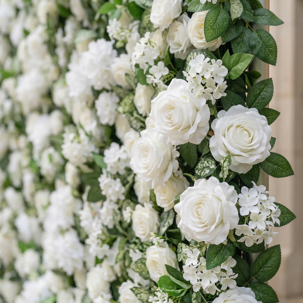 Zirel: 3D Timeless White Flower Wall with Greenery Roll-Up Fabric Backdrop for Luxury Events & Garden Wedding Decor Free Shipping
