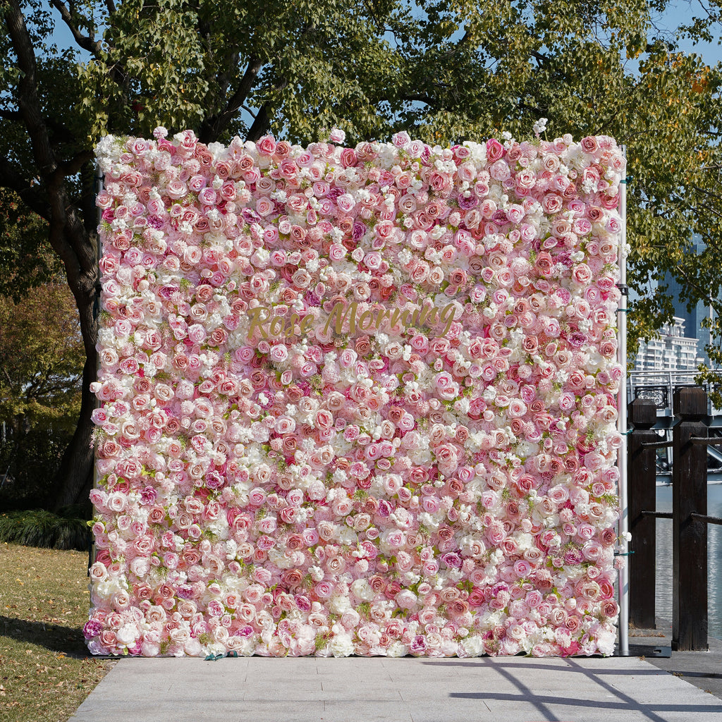 Flower Wall,Artificial Flower,Rolling Up Curtain Flower Wall,Aapo: 3D Fabric Artificial Flower Wall Rolling Up Curtain Flower Wall R110 - 8ft*8ft,Rose Morning