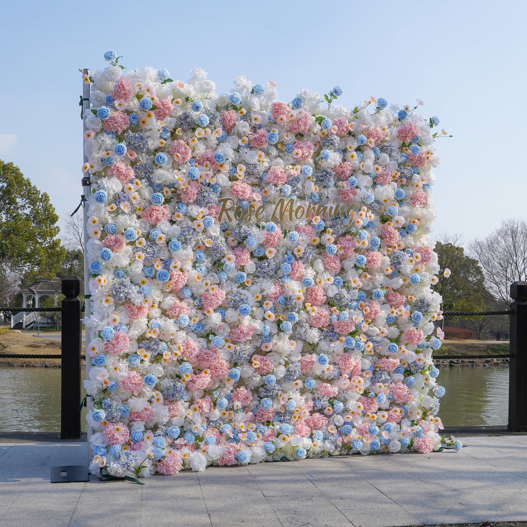 Rose Morning“The flower walls are made of artificial flowers in various colors, layered at different levels to create a lush, elegant and natural look. The exclusive zipper design and roll-up design make it easy to install and remove.”