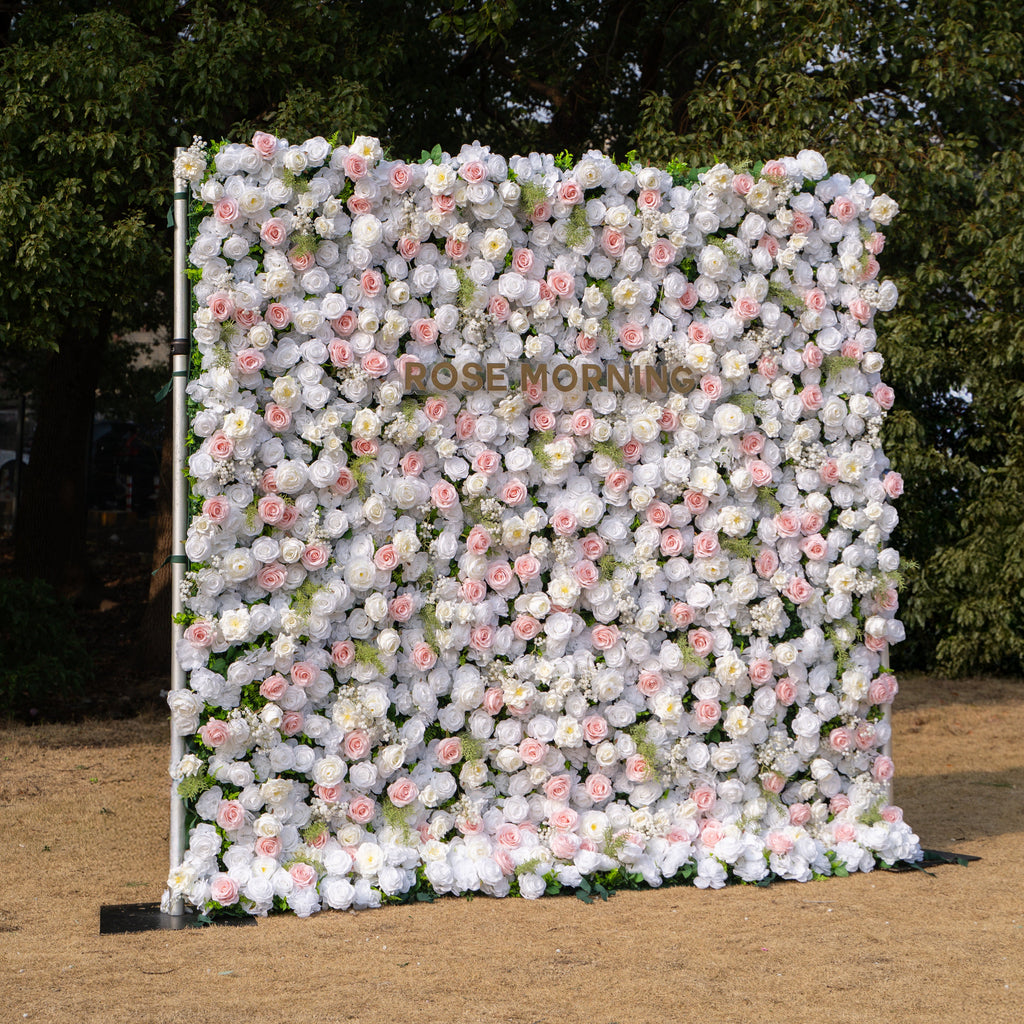 Céline: 3D Elegant White & Blush Pink Silk Rose Flower Wall Roll-Up Fabric Backdrop for Luxury Weddings & Events(In Us Stock & Shipping 5-7 Days) Free Shipping