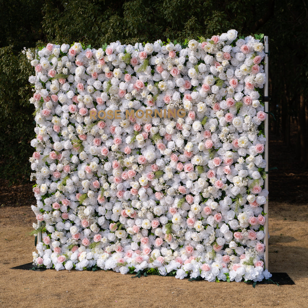 Céline: 3D Elegant White & Blush Pink Silk Rose Flower Wall Roll-Up Fabric Backdrop for Luxury Weddings & Events(In Us Stock & Shipping 5-7 Days) Free Shipping