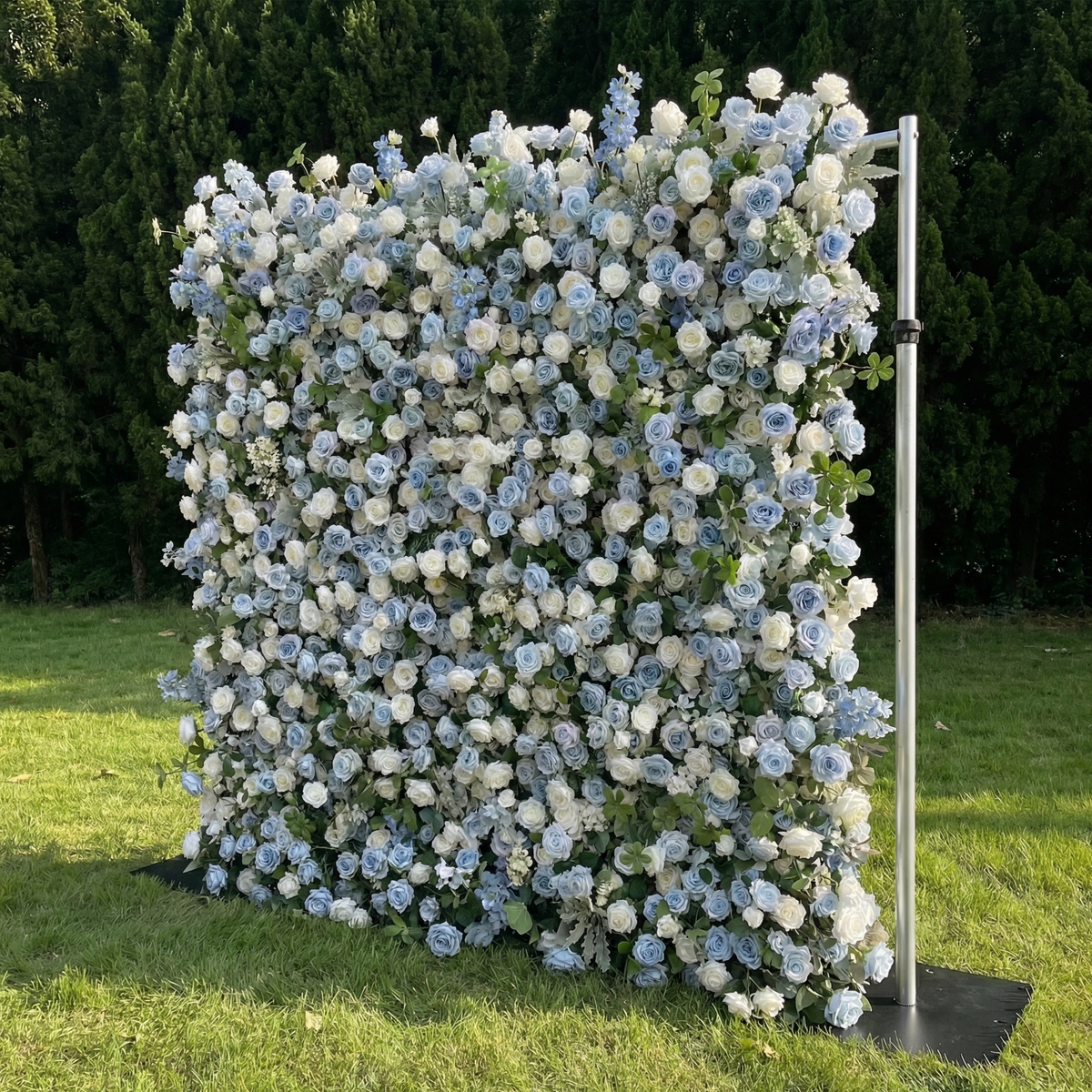 Corin: Luxury 5D Serene Blue & Cream Silk Floral Wall Roll-Up Fabric Backdrop for Seaside Weddings & Events Free Shipping