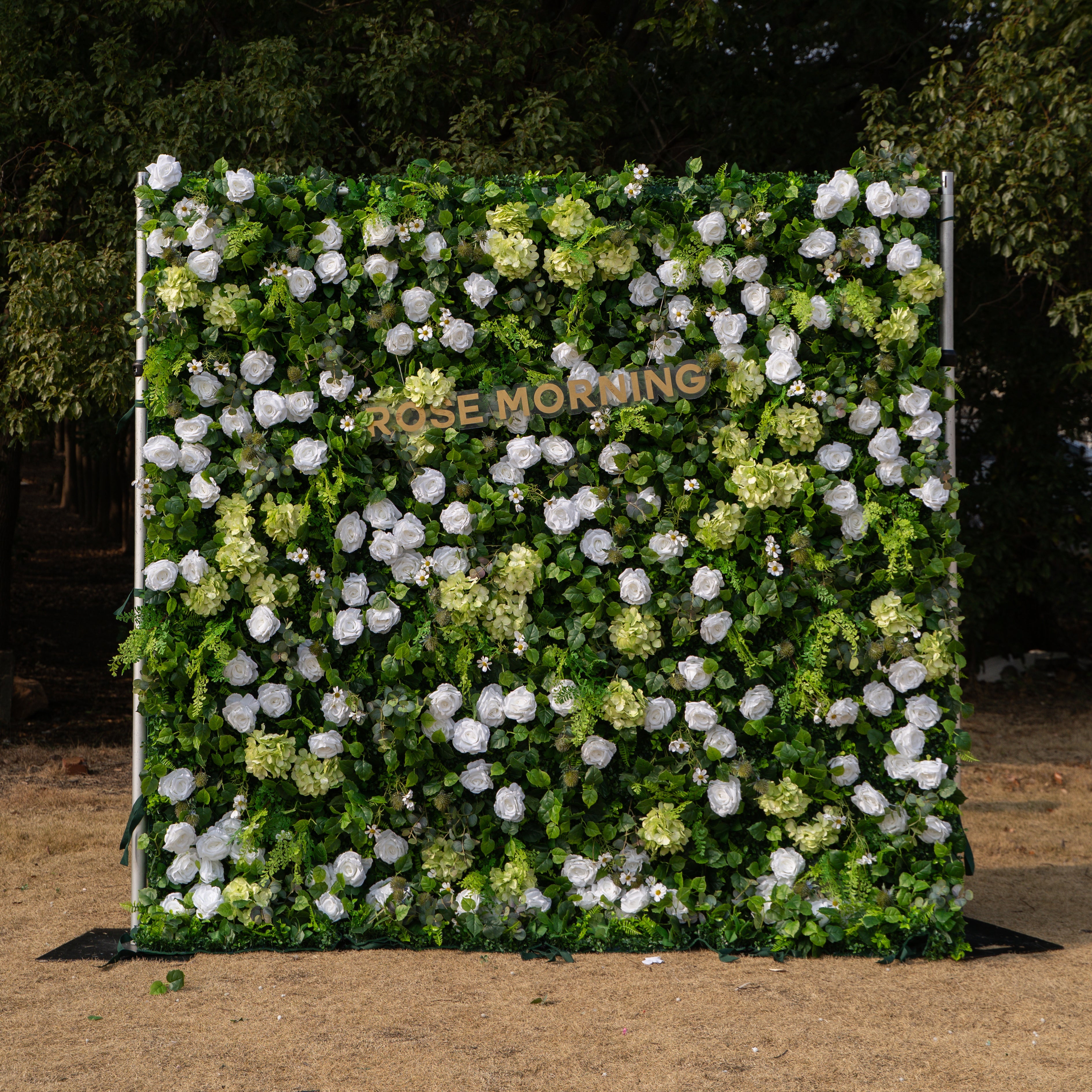 Cressida: 3D Elegant White Silk Rose & Greenery Foliage Wall Roll-Up Fabric Backdrop for Luxury Weddings, Parties & Botanical Decor Free Shipping