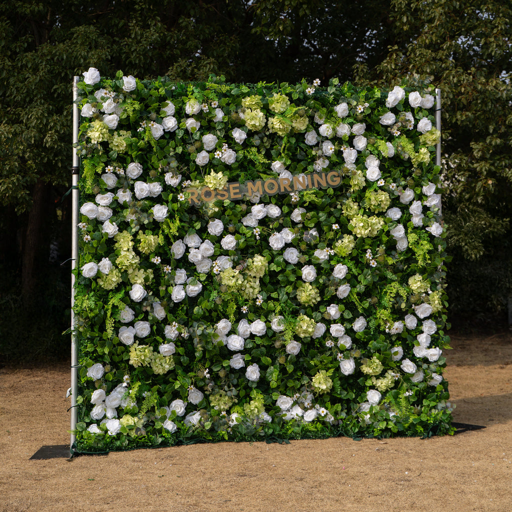 Cressida: 3D Elegant White Silk Rose & Greenery Foliage Wall Roll-Up Fabric Backdrop for Luxury Weddings, Parties & Botanical Decor Free Shipping