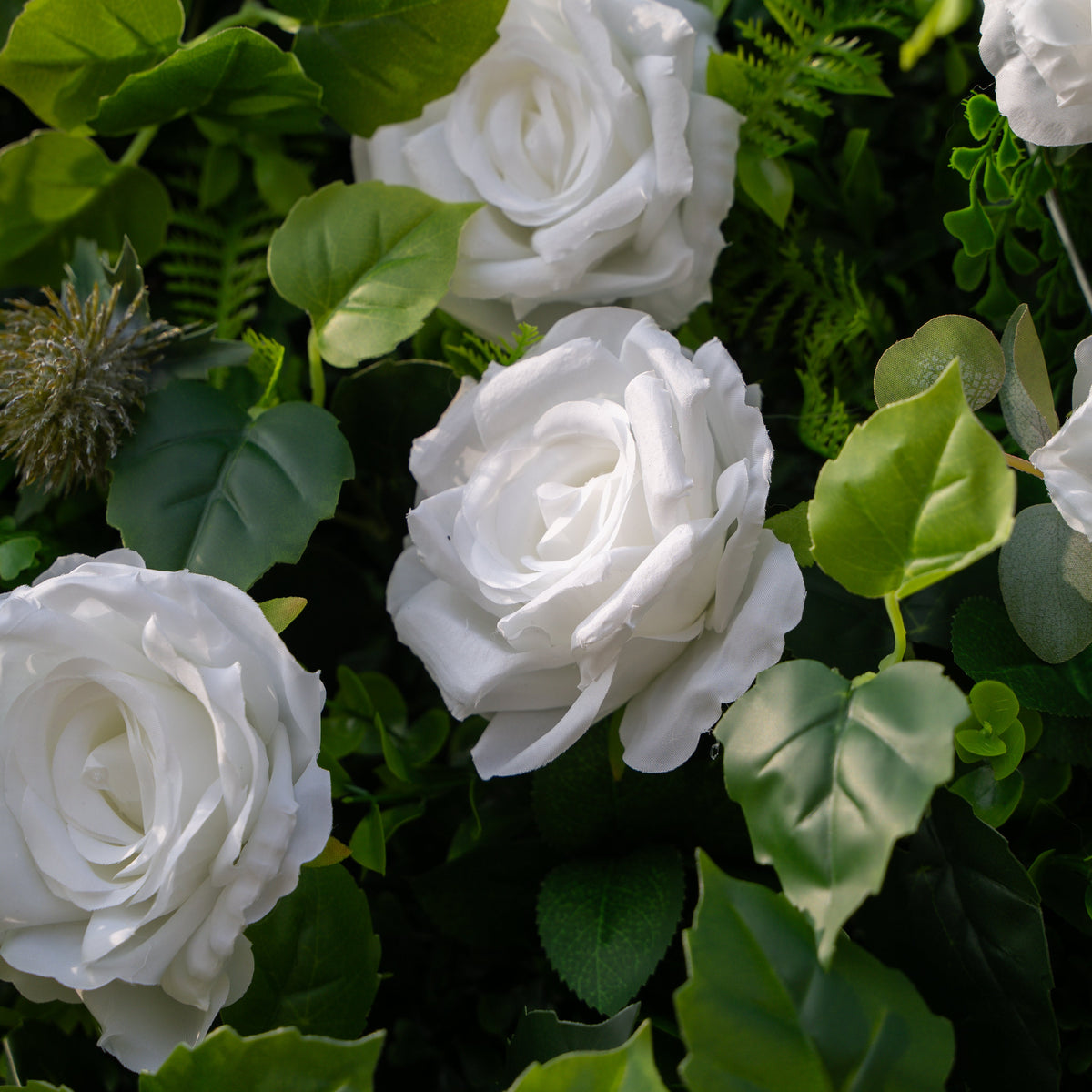 Cressida: 3D Elegant White Silk Rose & Greenery Foliage Wall Roll-Up Fabric Backdrop for Luxury Weddings, Parties & Botanical Decor Free Shipping