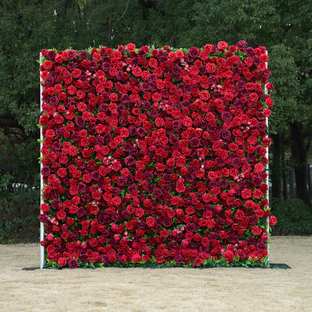 Elysia: 3D Luxury Burgundy Silk Rose Flower Wall Roll-Up Fabric Backdrop for Romantic Weddings & Events Free Shipping