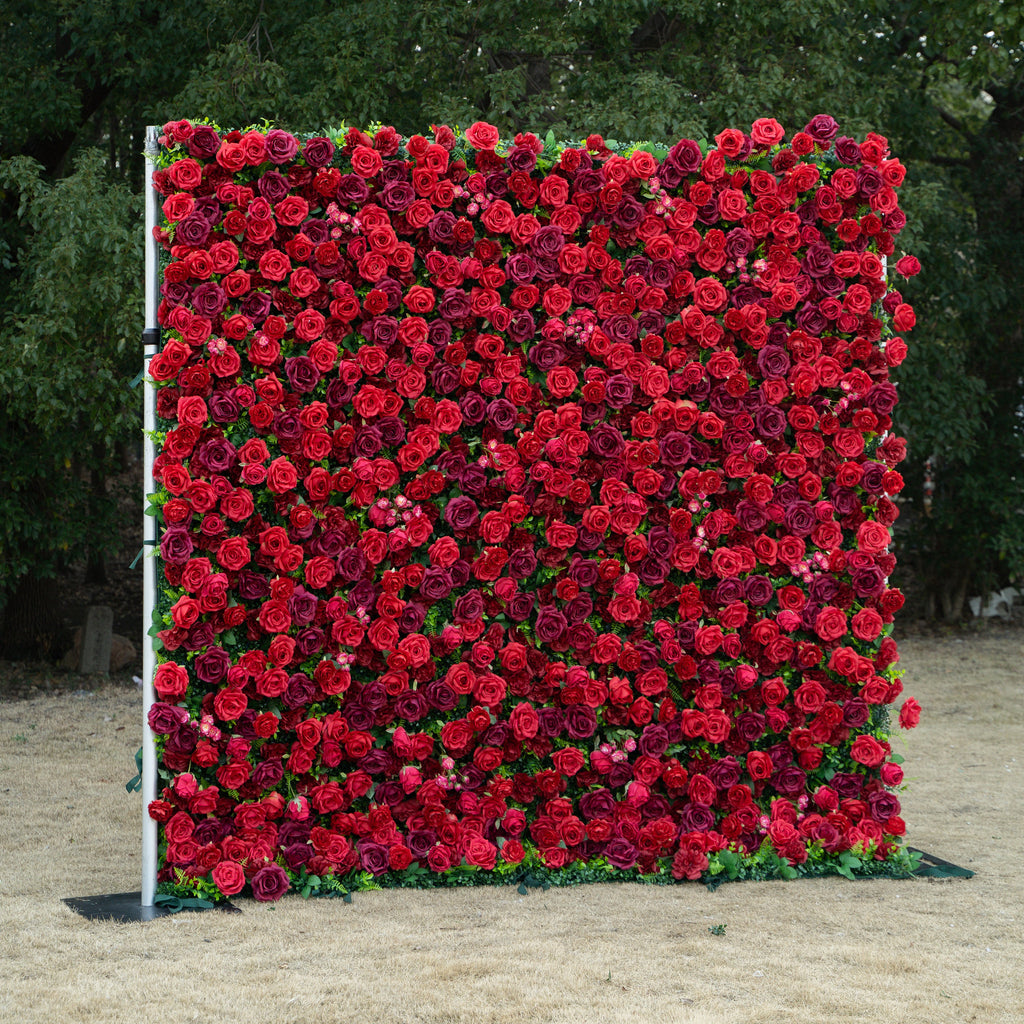 Elysia: 3D Luxury Burgundy Silk Rose Flower Wall Roll-Up Fabric Backdrop for Romantic Weddings & Events Free Shipping