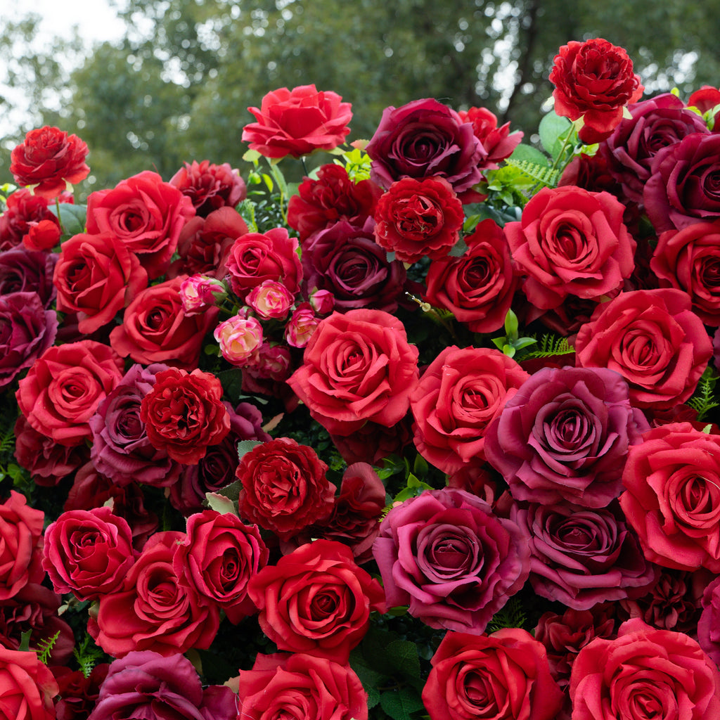 Elysia: 3D Luxury Burgundy Silk Rose Flower Wall Roll-Up Fabric Backdrop for Romantic Weddings & Events Free Shipping