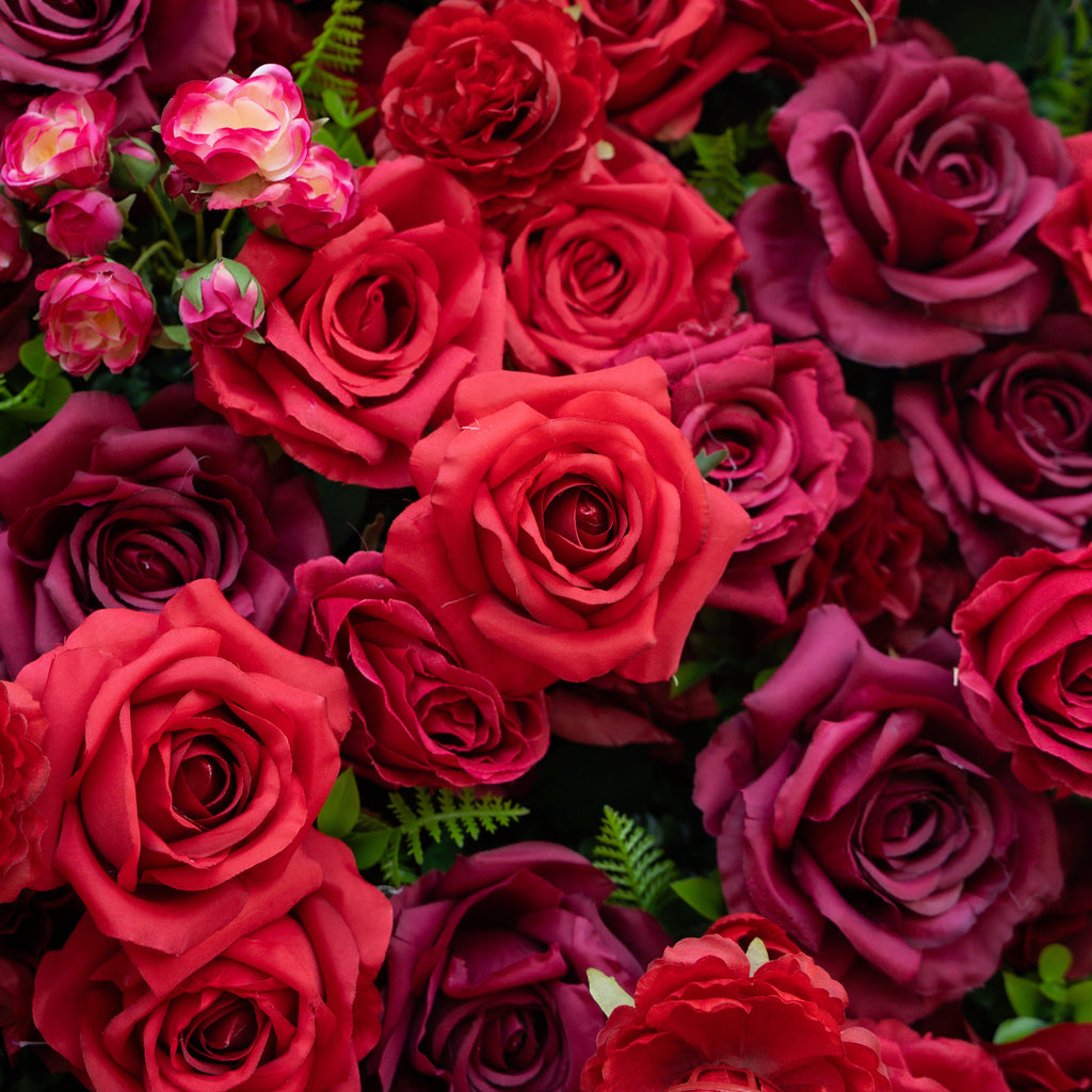 Elysia: 3D Luxury Burgundy Silk Rose Flower Wall Roll-Up Fabric Backdrop for Romantic Weddings & Events Free Shipping