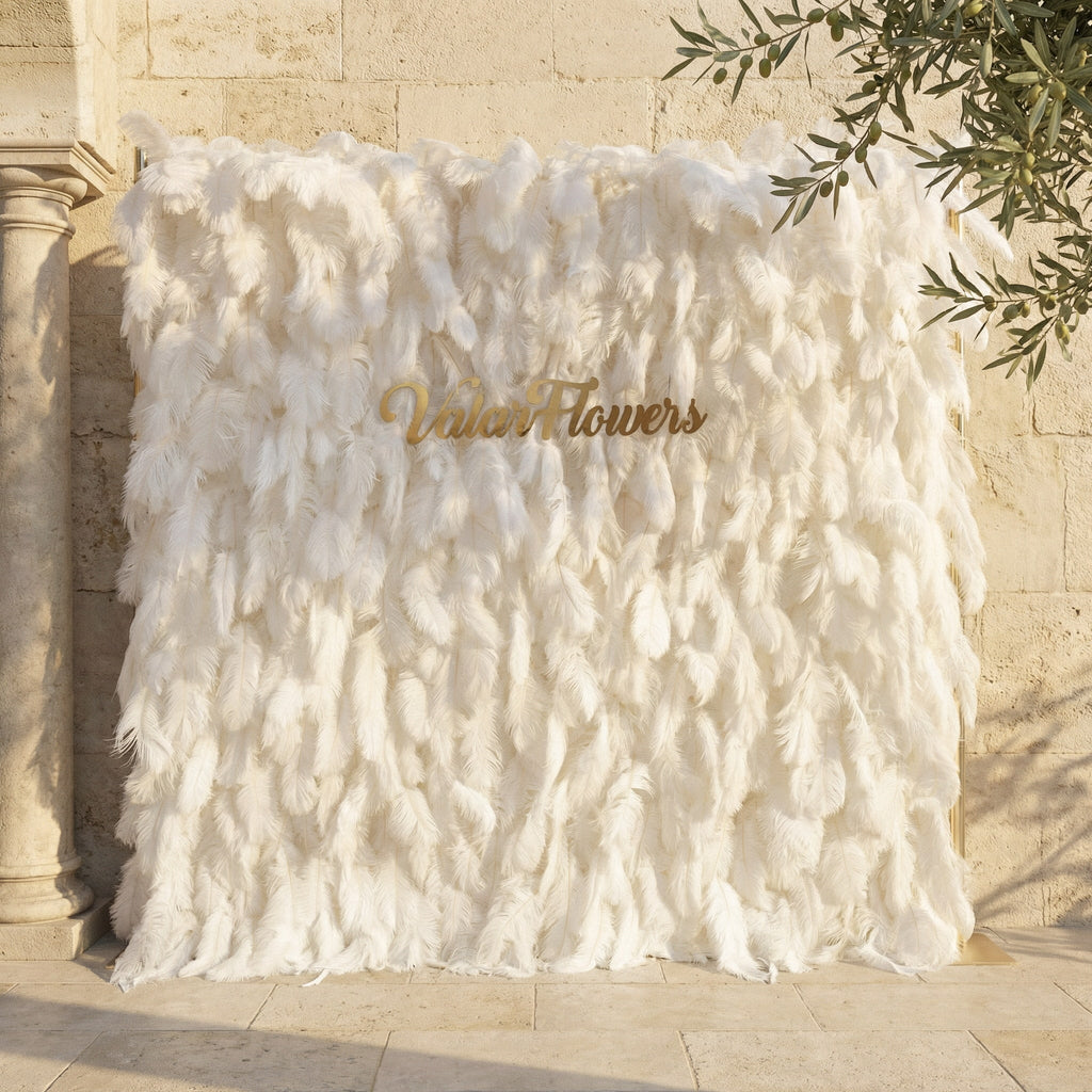 Artificial Floral Wall Backdrop: Celestial White Feather Dreamscape - The Ethereal Whisper Collection for Luxurious Weddings and Events | VF-164-WHITE